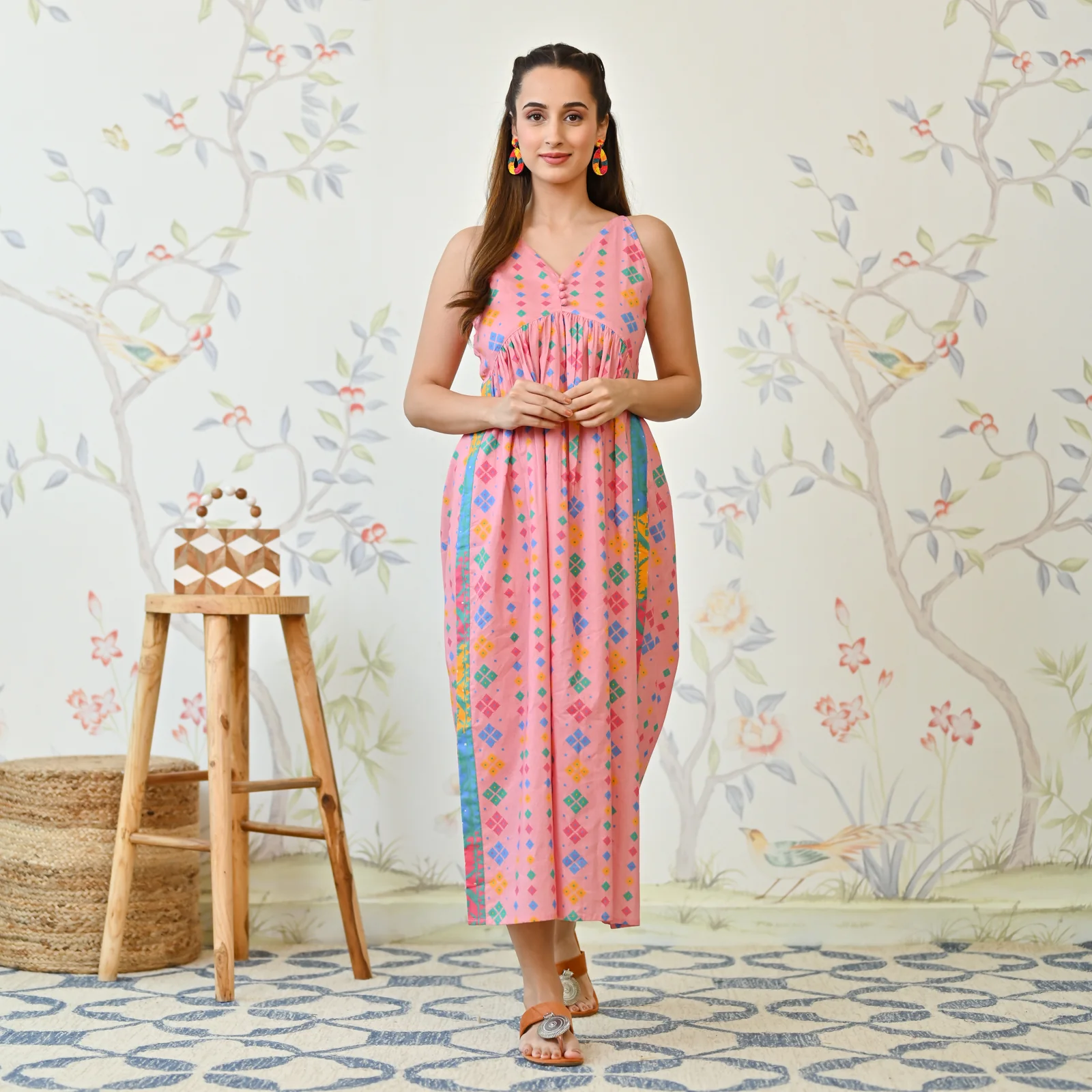 Pale Pink Printed Strappy Shoulder Cotton Maxi Dress - Image 3