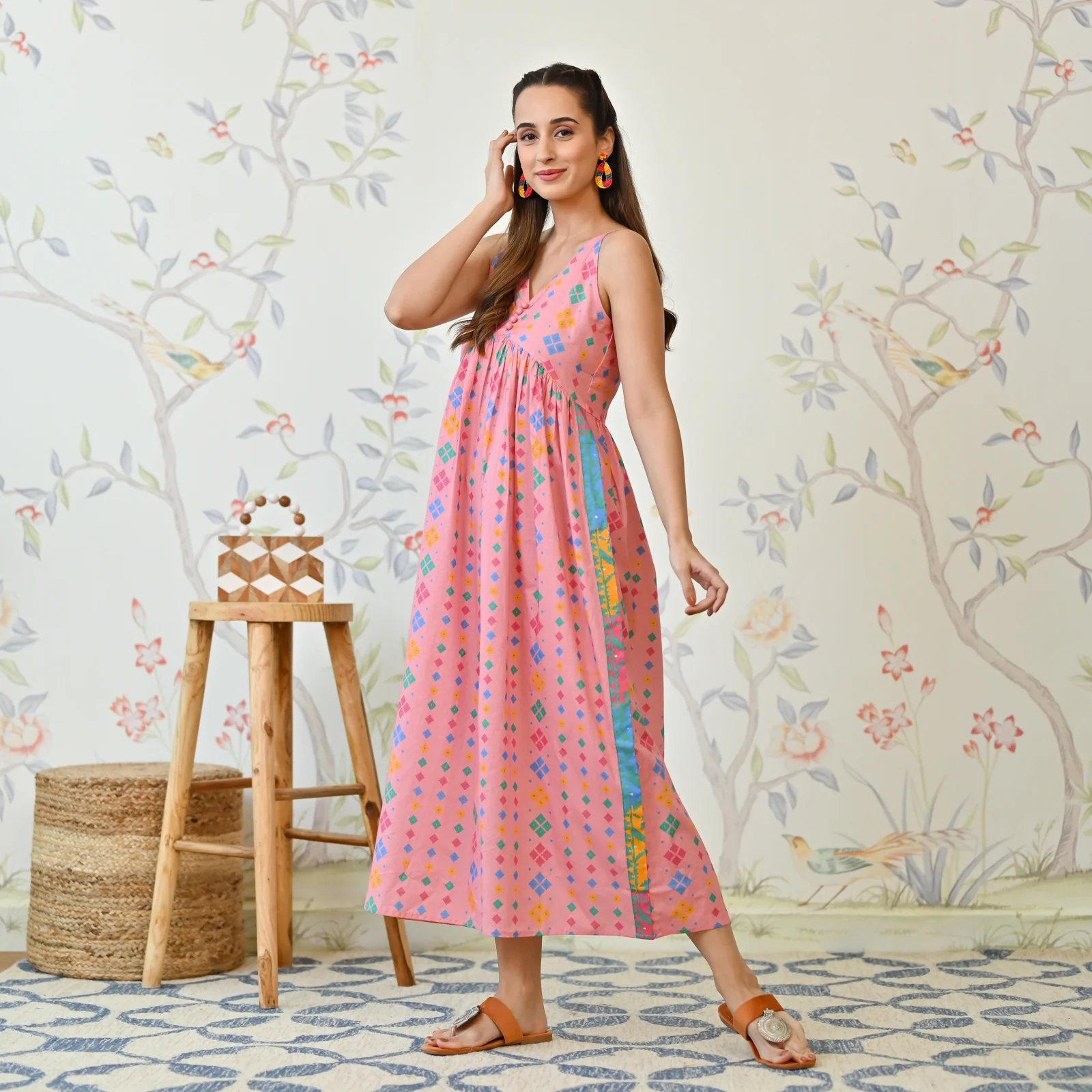 Pale Pink Printed Strappy Shoulder Cotton Maxi Dress - Image 4