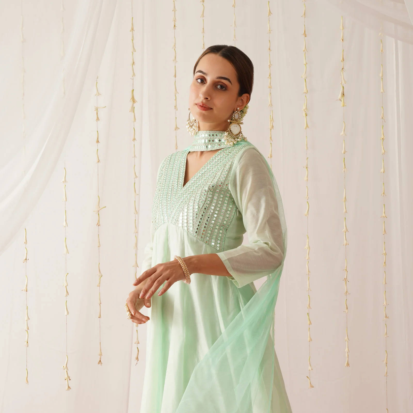 Pastel Green Chanderi Kurta Pant Dupatta Set with Sequins Work - Image 2