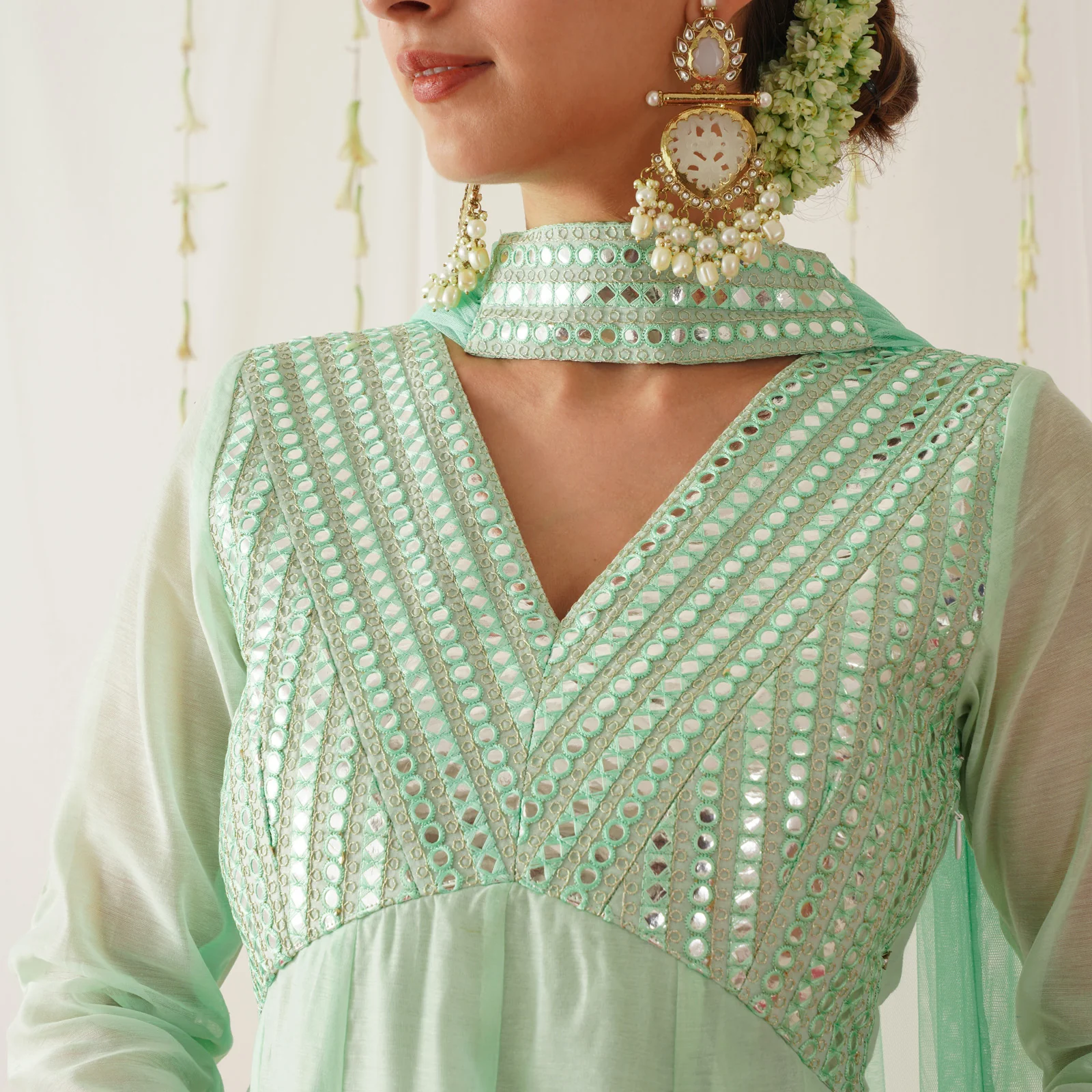 Pastel Green Chanderi Kurta Pant Dupatta Set with Sequins Work - Image 3