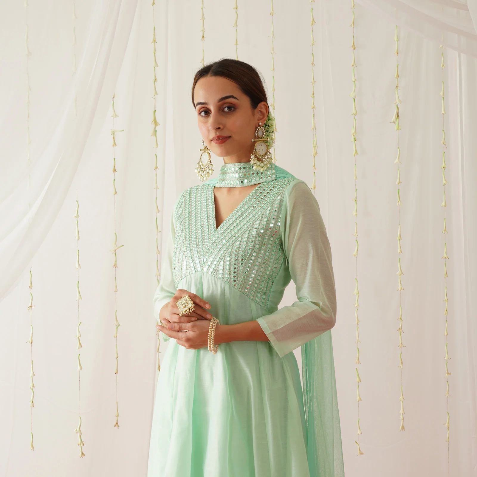 Pastel Green Chanderi Kurta Pant Dupatta Set with Sequins Work - Image 4