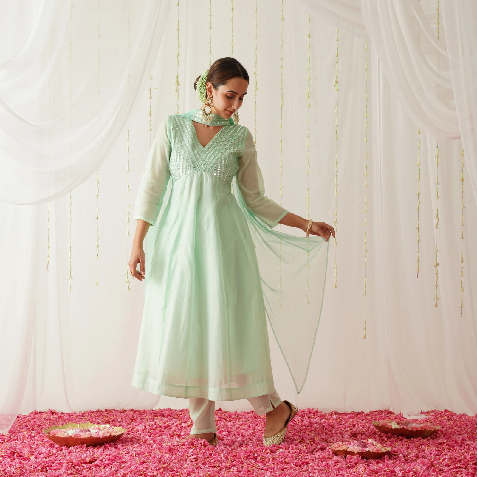 Pastel Green Chanderi Kurta Pant Dupatta Set with Sequins Work - Image 5
