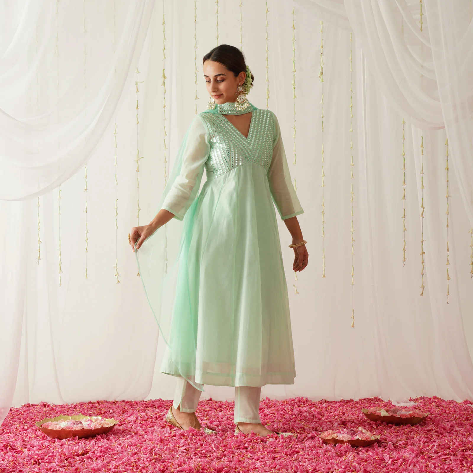 Pastel Green Chanderi Kurta Pant Dupatta Set with Sequins Work - Image 6