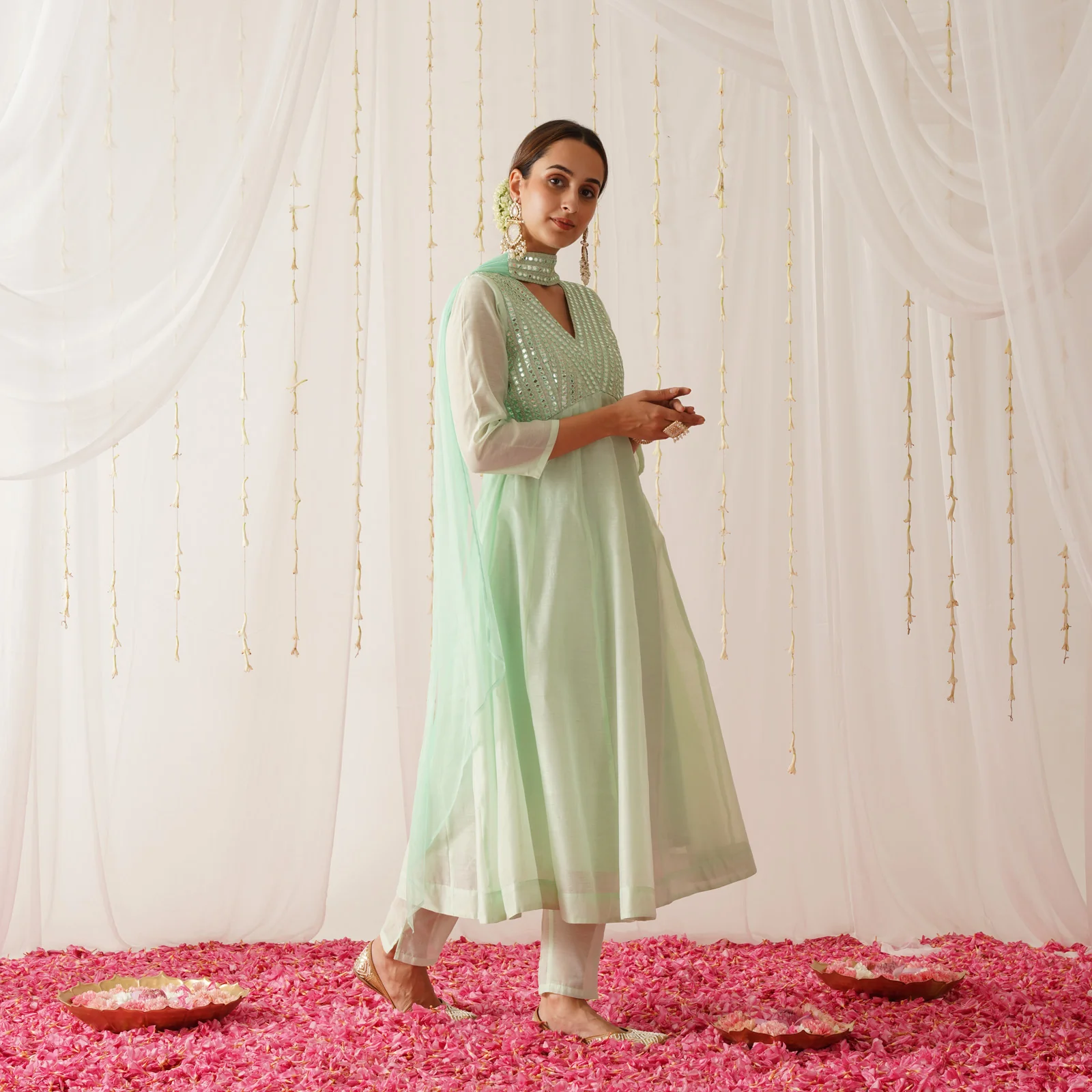 Pastel Green Chanderi Kurta Pant Dupatta Set with Sequins Work - Image 7