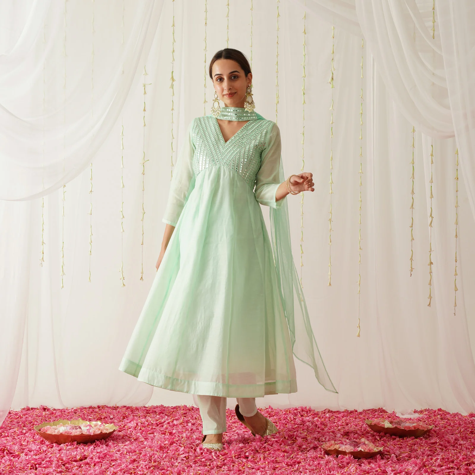 Pastel Green Chanderi Kurta Pant Dupatta Set with Sequins Work - Image 8