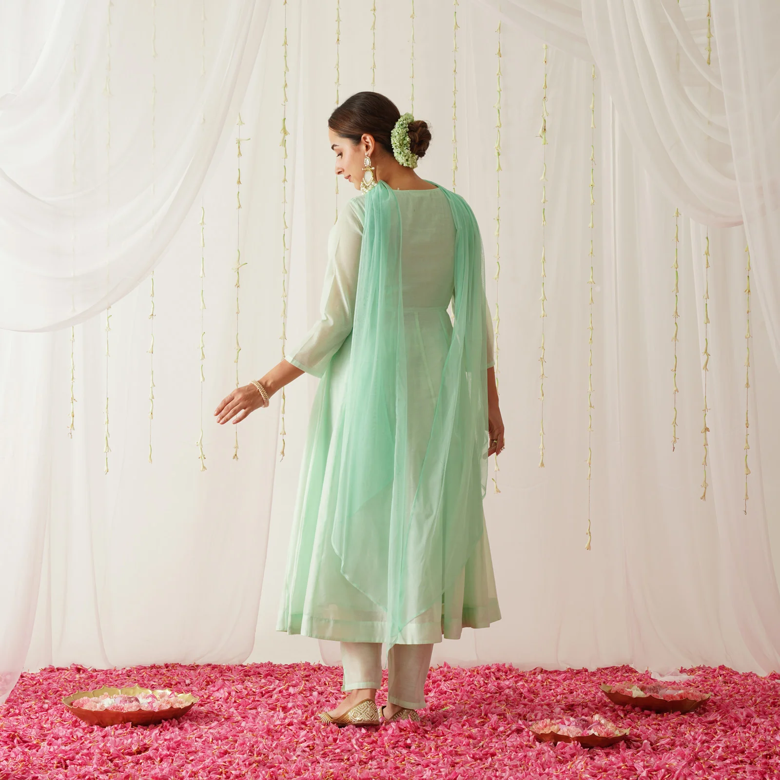 Pastel Green Chanderi Kurta Pant Dupatta Set with Sequins Work - Image 9