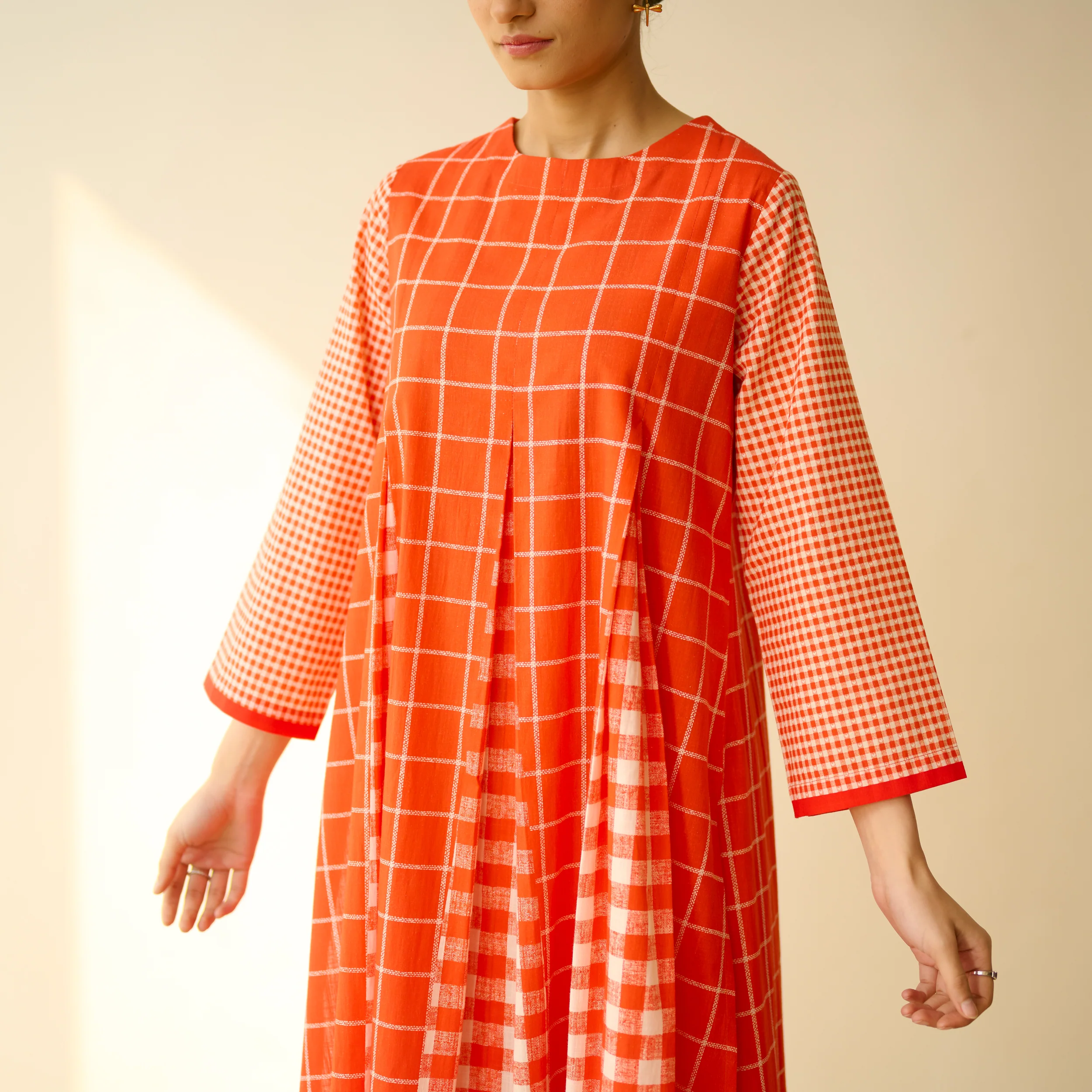 Pattern Play Fine Slub Cotton Kurta Set - Tangerine - Image 3