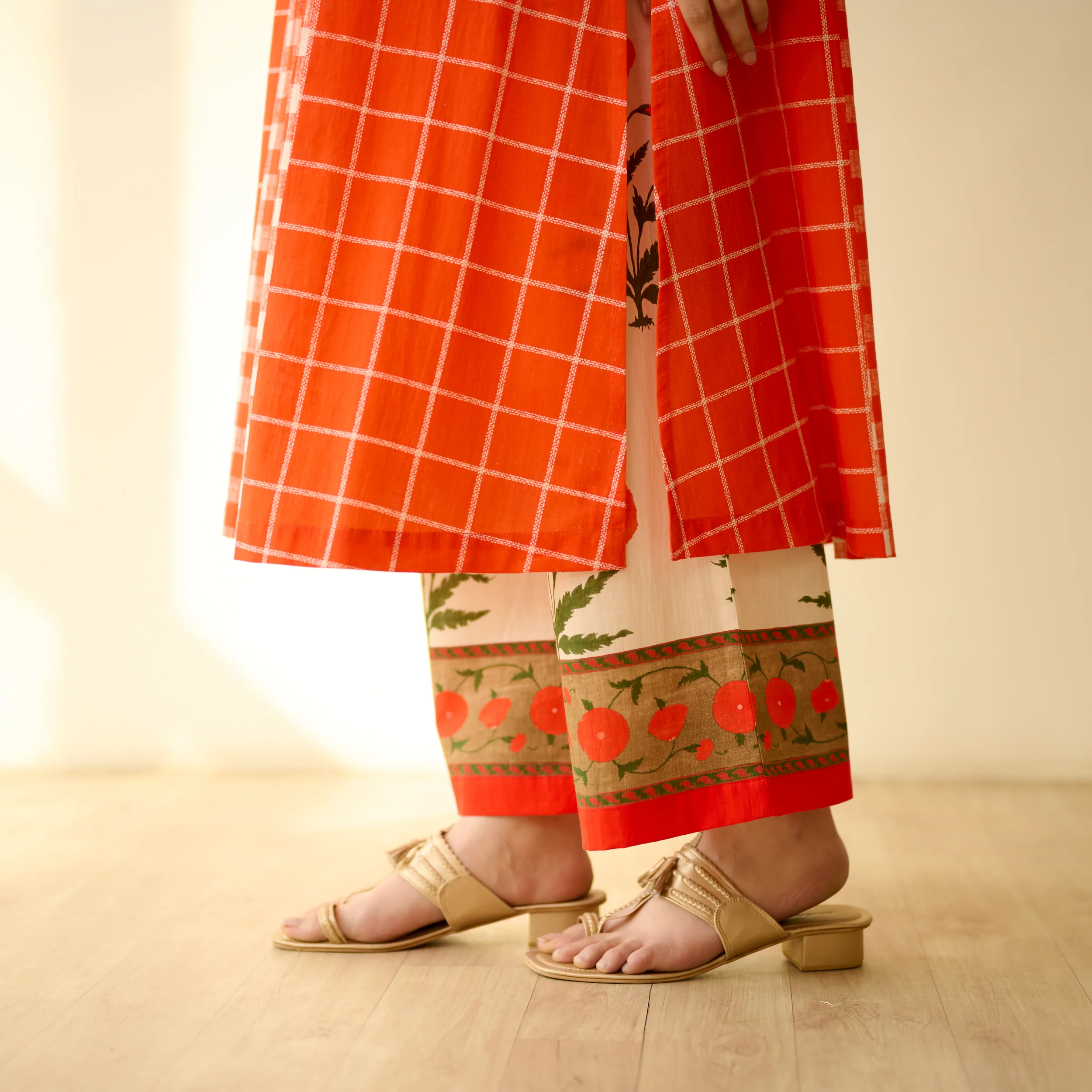 Pattern Play Fine Slub Cotton Kurta Set - Tangerine - Image 4
