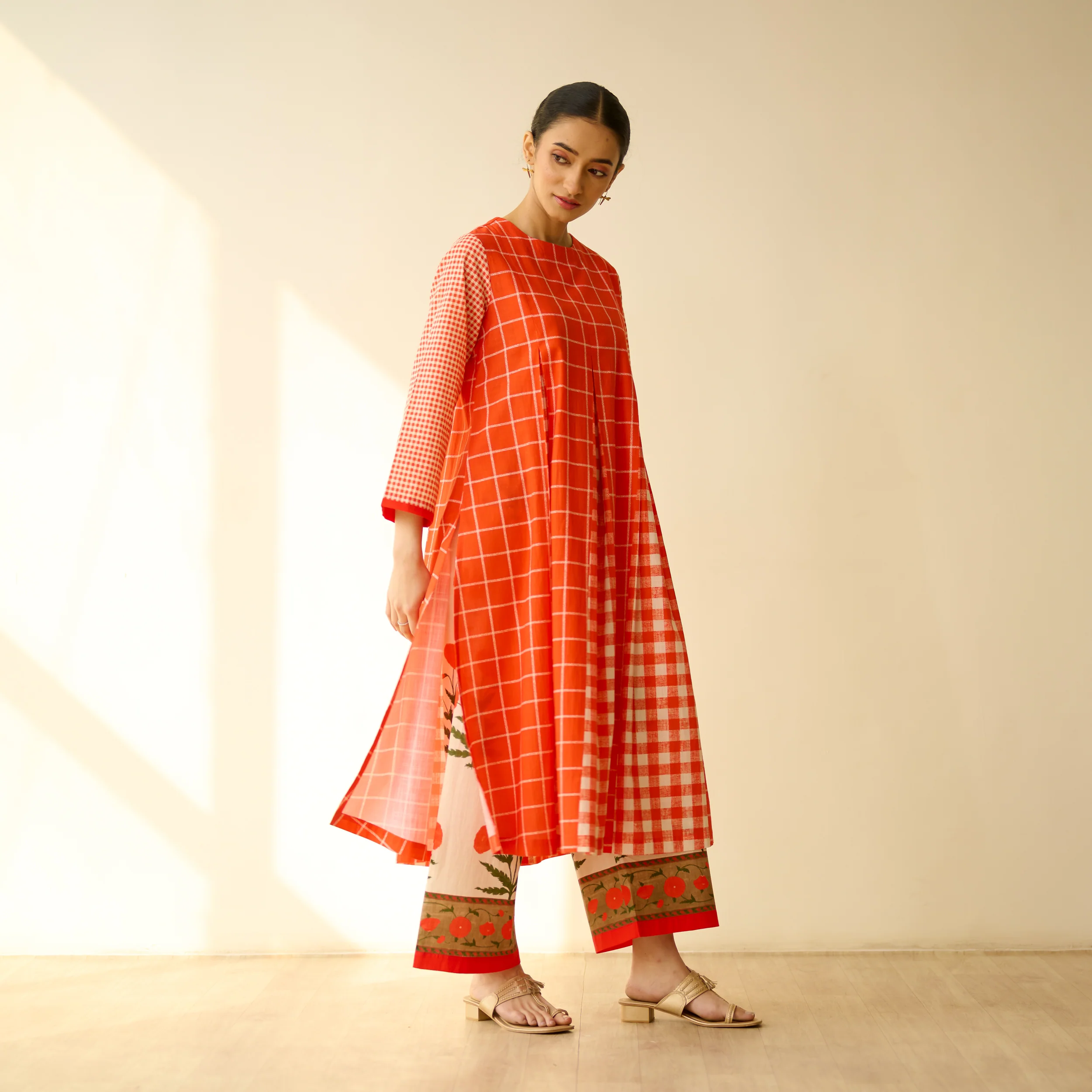 Pattern Play Fine Slub Cotton Kurta Set - Tangerine - Image 5