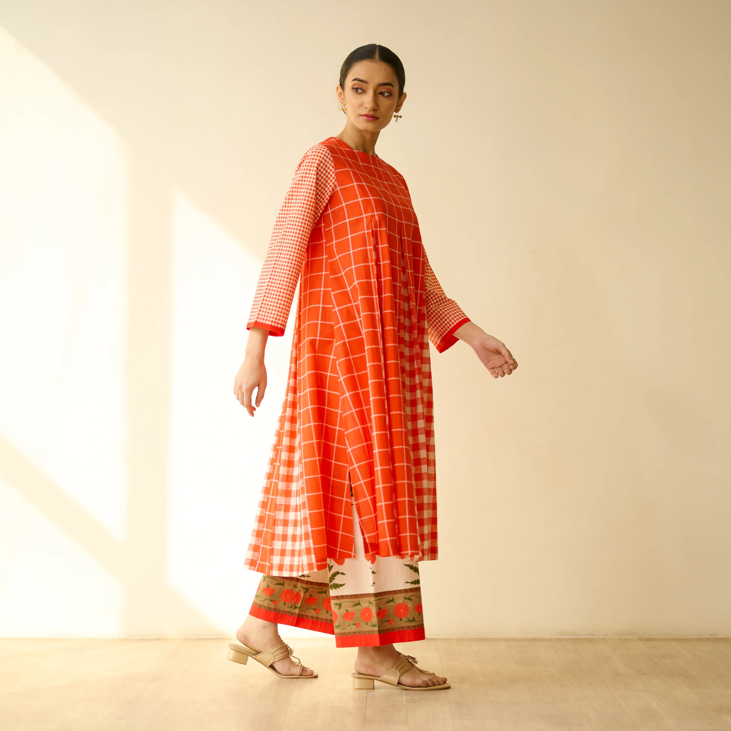 Pattern Play Fine Slub Cotton Kurta Set - Tangerine - Image 6
