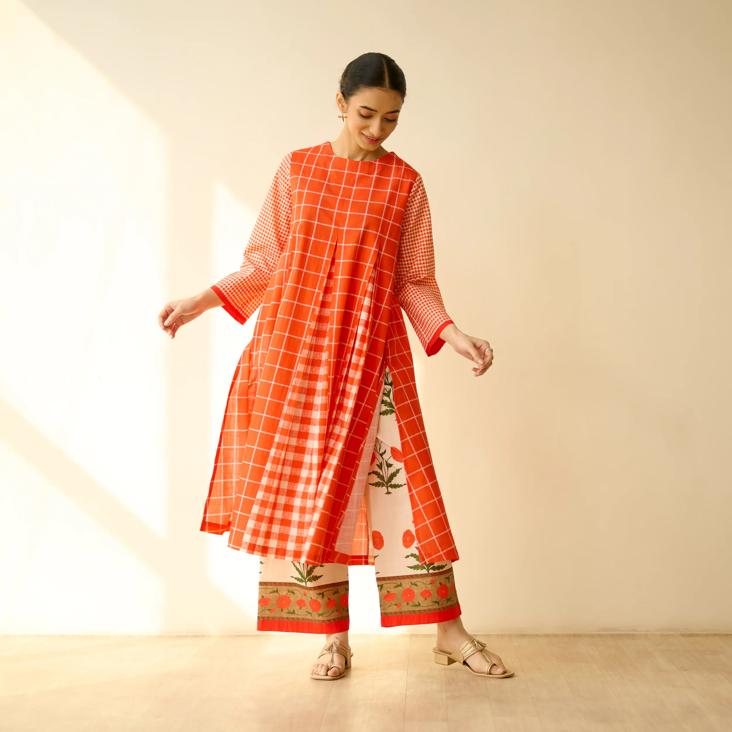 Pattern Play Fine Slub Cotton Kurta Set - Tangerine - Image 8