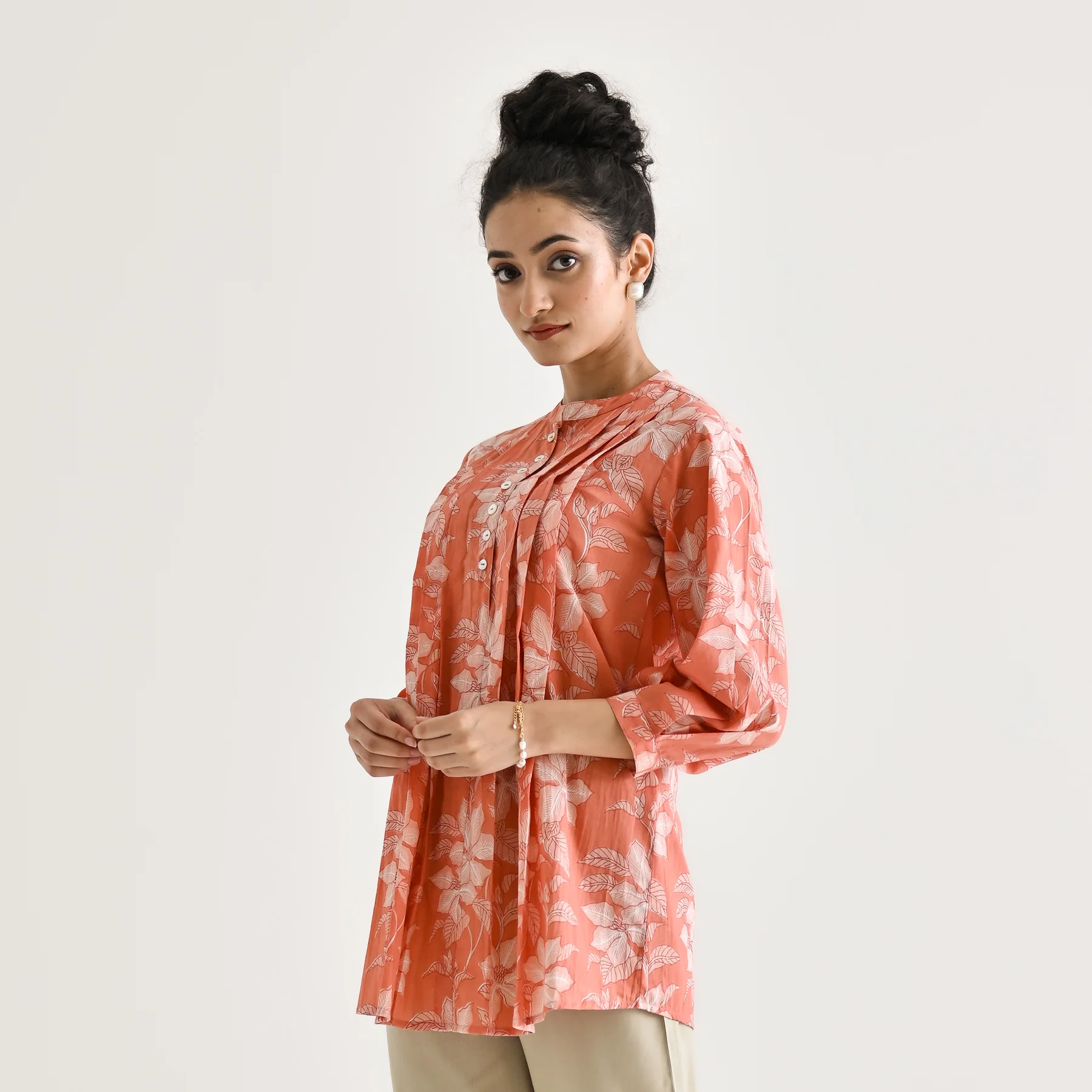 Peach Breezy Sanganeri Floral Cotton Tunic with Pintuck Detail - Image 10