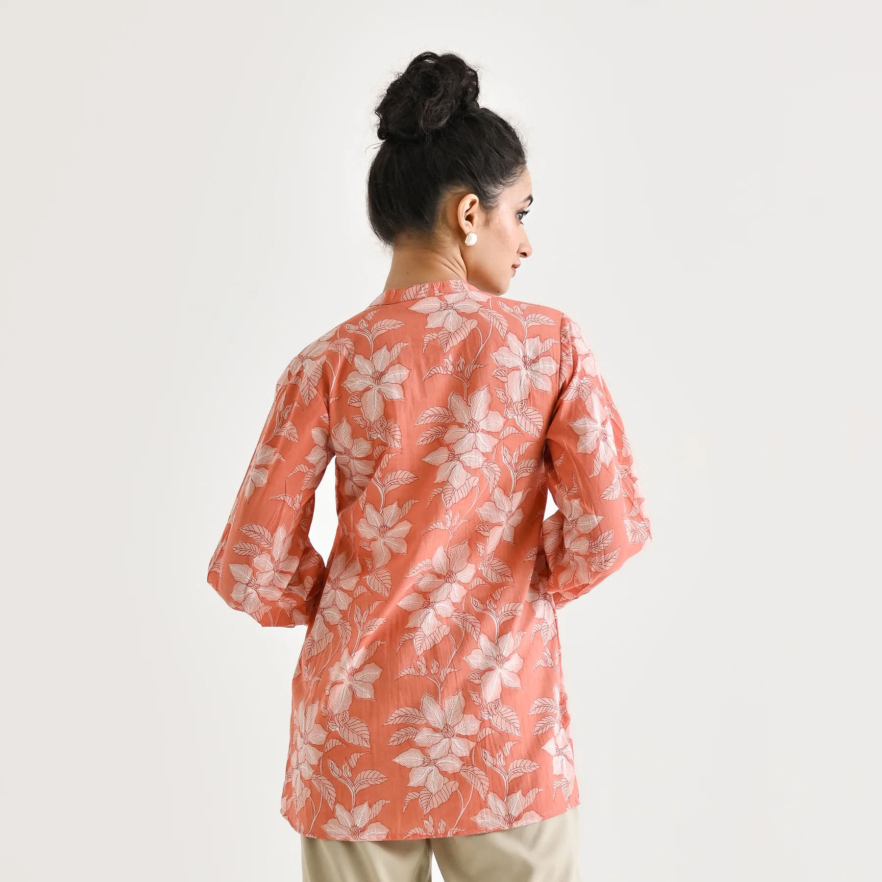 Peach Breezy Sanganeri Floral Cotton Tunic with Pintuck Detail - Image 11