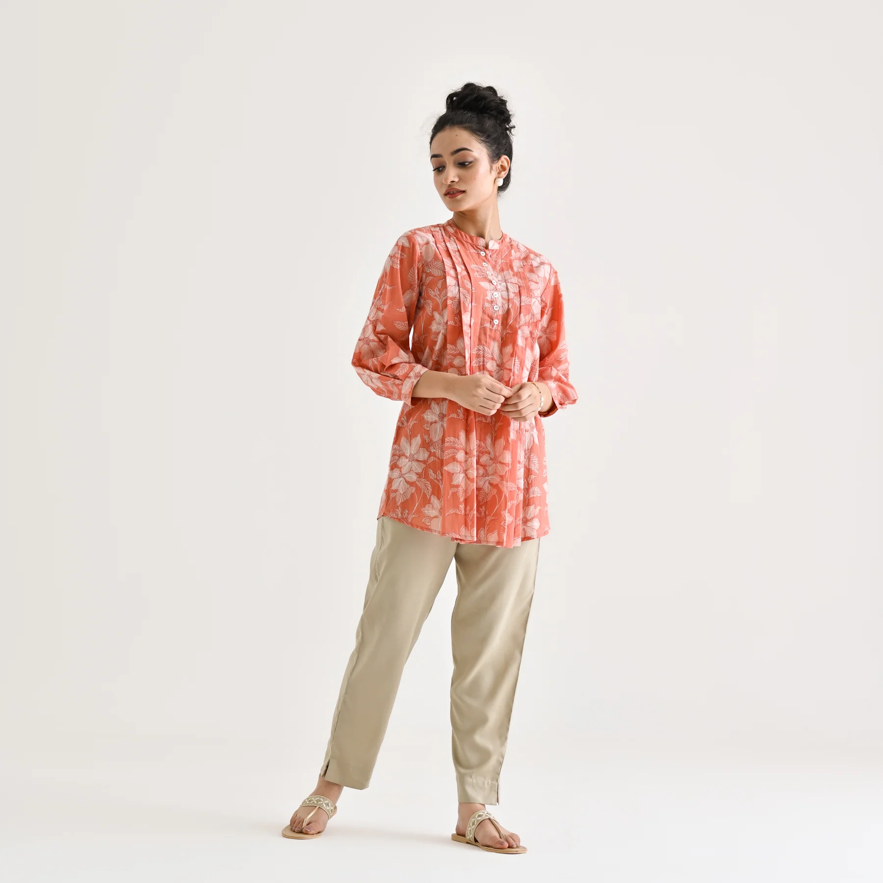 Peach Breezy Sanganeri Floral Cotton Tunic with Pintuck Detail - Image 3