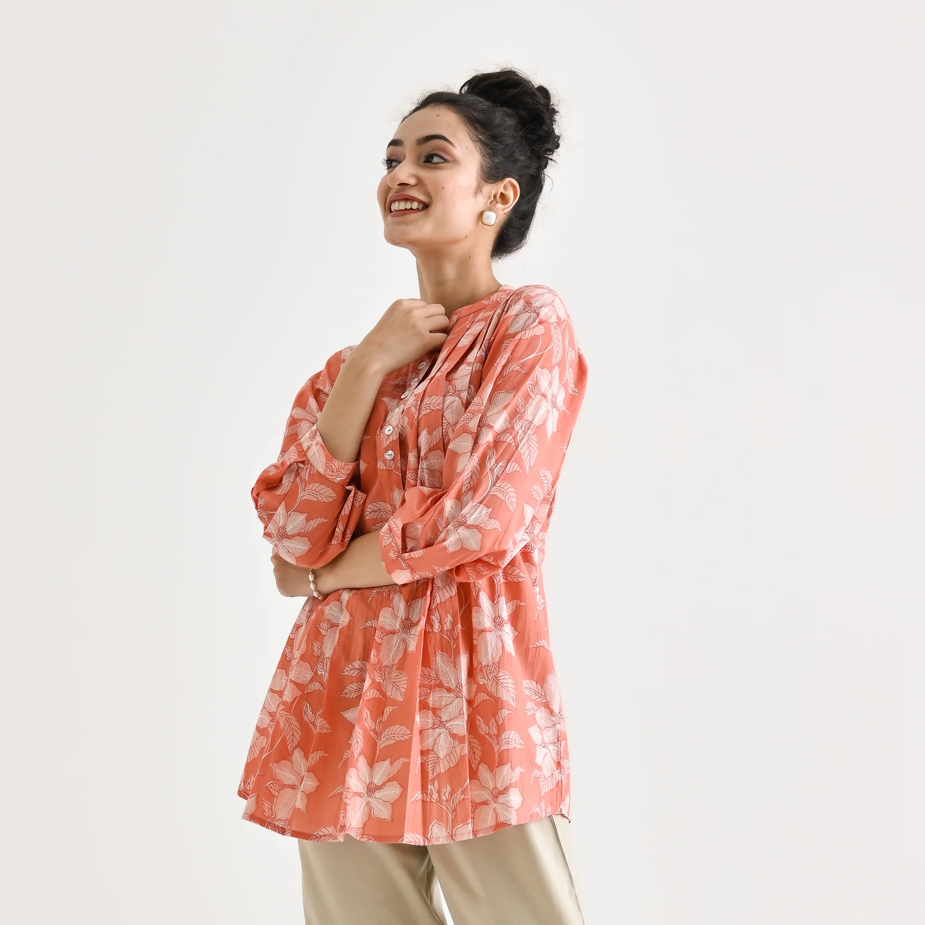 Peach Breezy Sanganeri Floral Cotton Tunic with Pintuck Detail - Image 7
