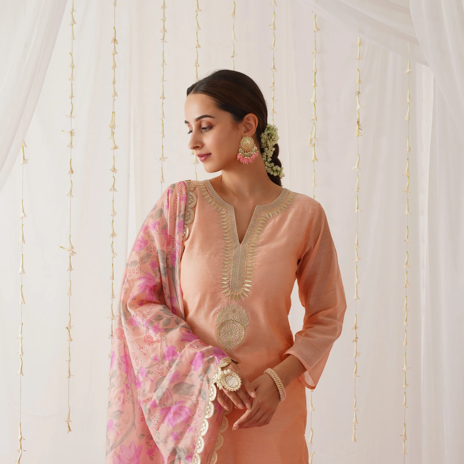 Peach Embroidered Chanderi Kurta Pant Dupatta Set with Gota Details - Image 2