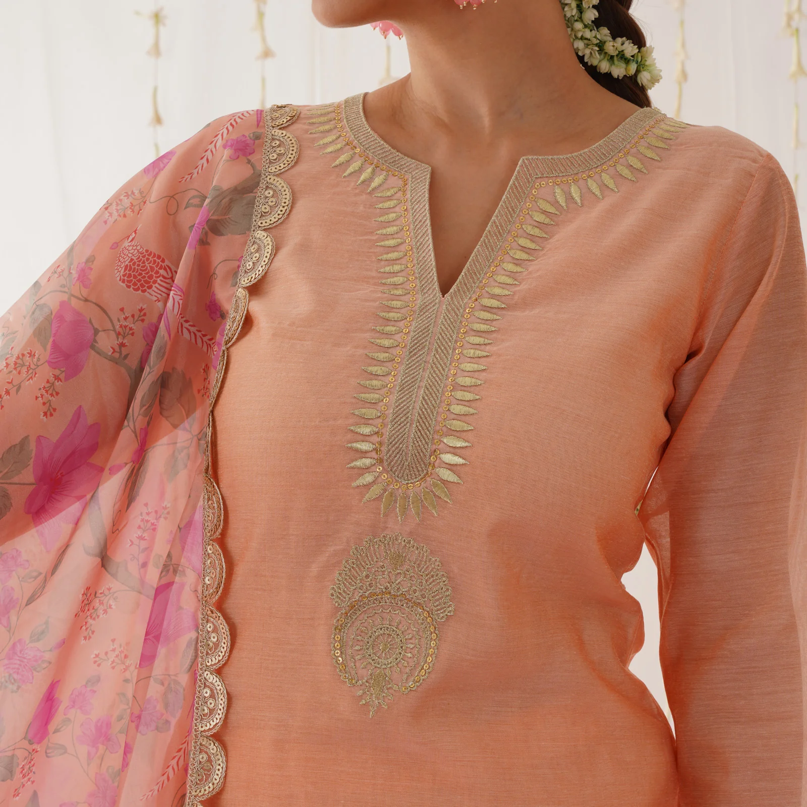 Peach Embroidered Chanderi Kurta Pant Dupatta Set with Gota Details - Image 3