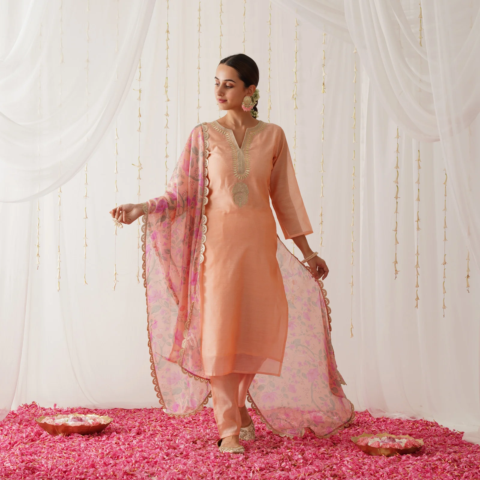 Peach Embroidered Chanderi Kurta Pant Dupatta Set with Gota Details - Image 4