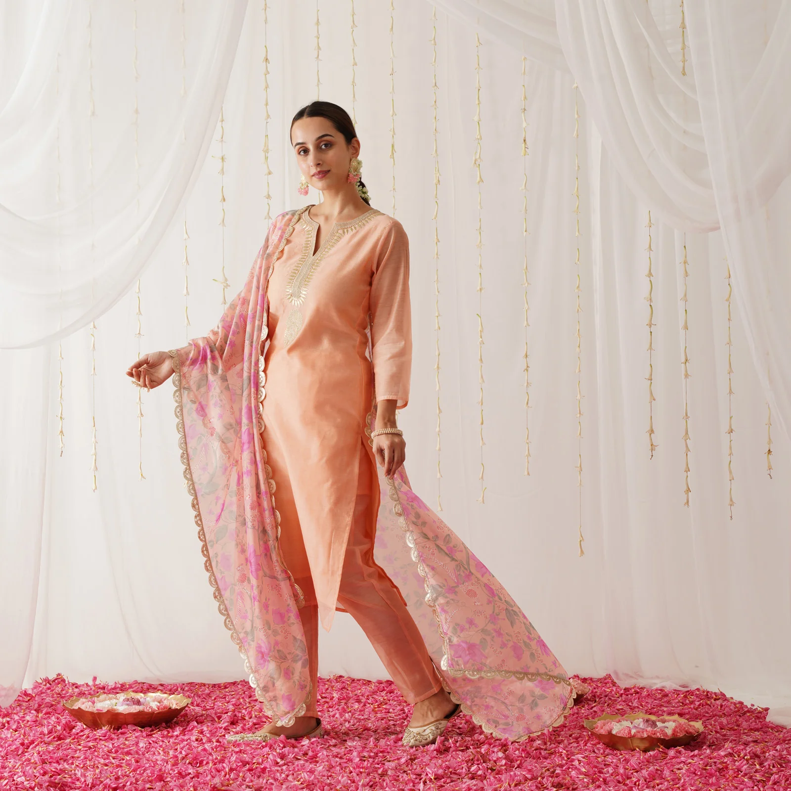 Peach Embroidered Chanderi Kurta Pant Dupatta Set with Gota Details - Image 5