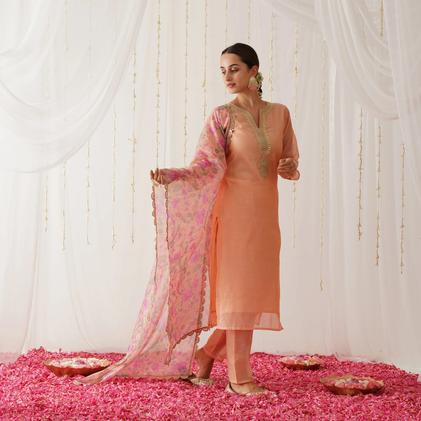 Peach Embroidered Chanderi Kurta Pant Dupatta Set with Gota Details - Image 6