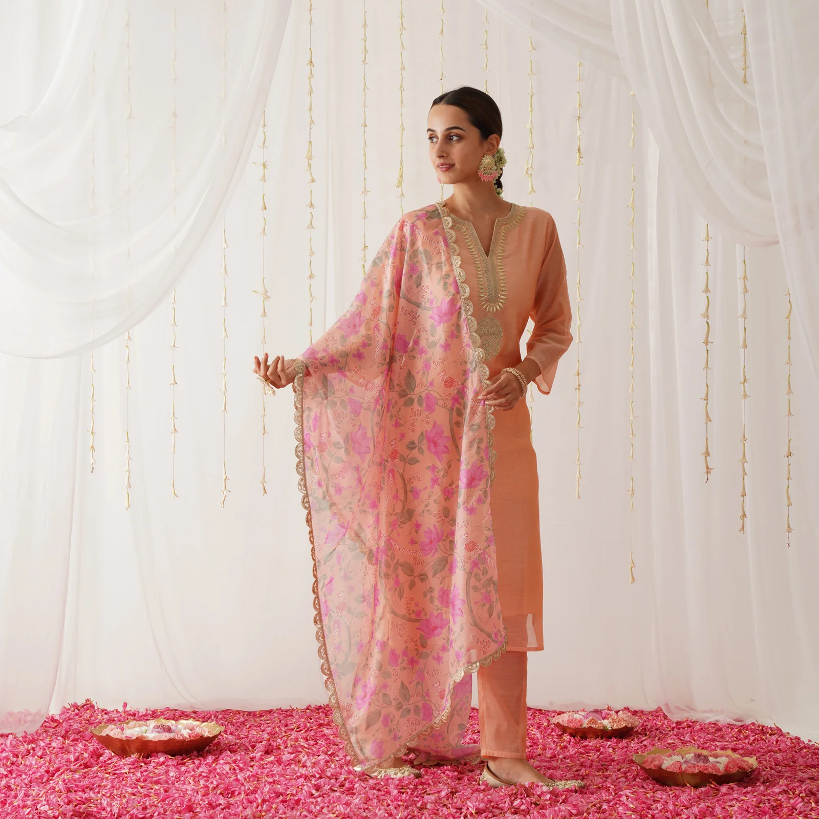 Peach Embroidered Chanderi Kurta Pant Dupatta Set with Gota Details - Image 7