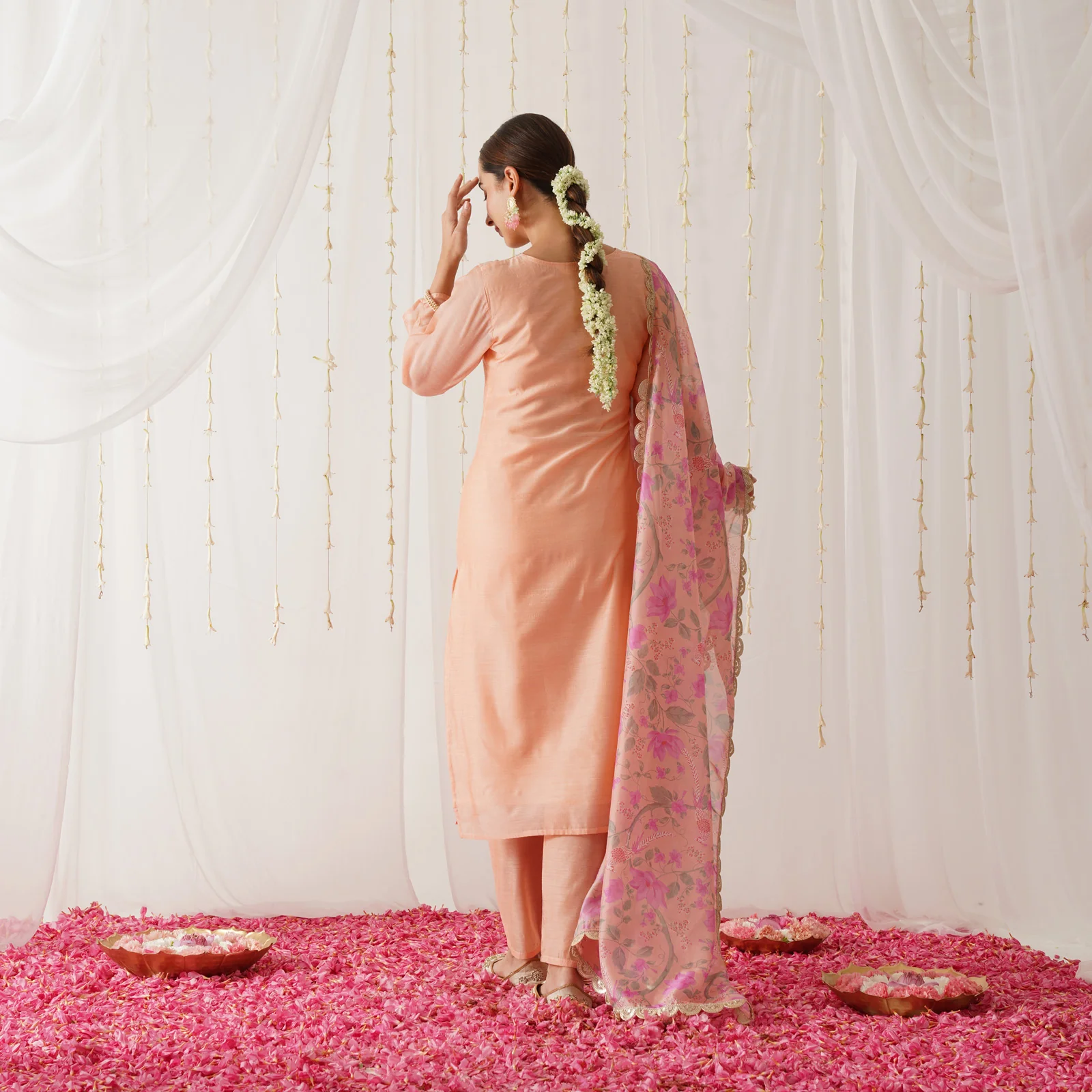 Peach Embroidered Chanderi Kurta Pant Dupatta Set with Gota Details - Image 8
