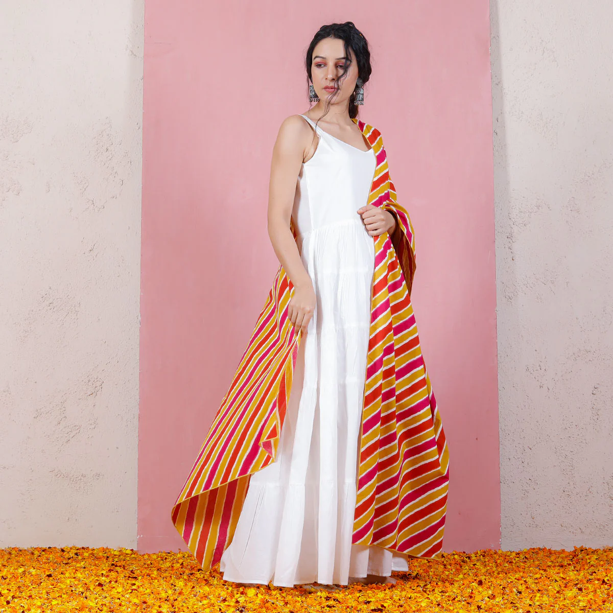 Peach & Pink Leheriya Inspired Dupatta with White Tiered Dress - Image 3