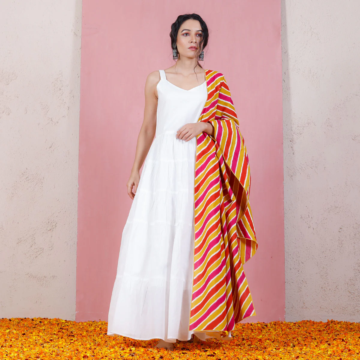 Peach & Pink Leheriya Inspired Dupatta with White Tiered Dress - Image 4
