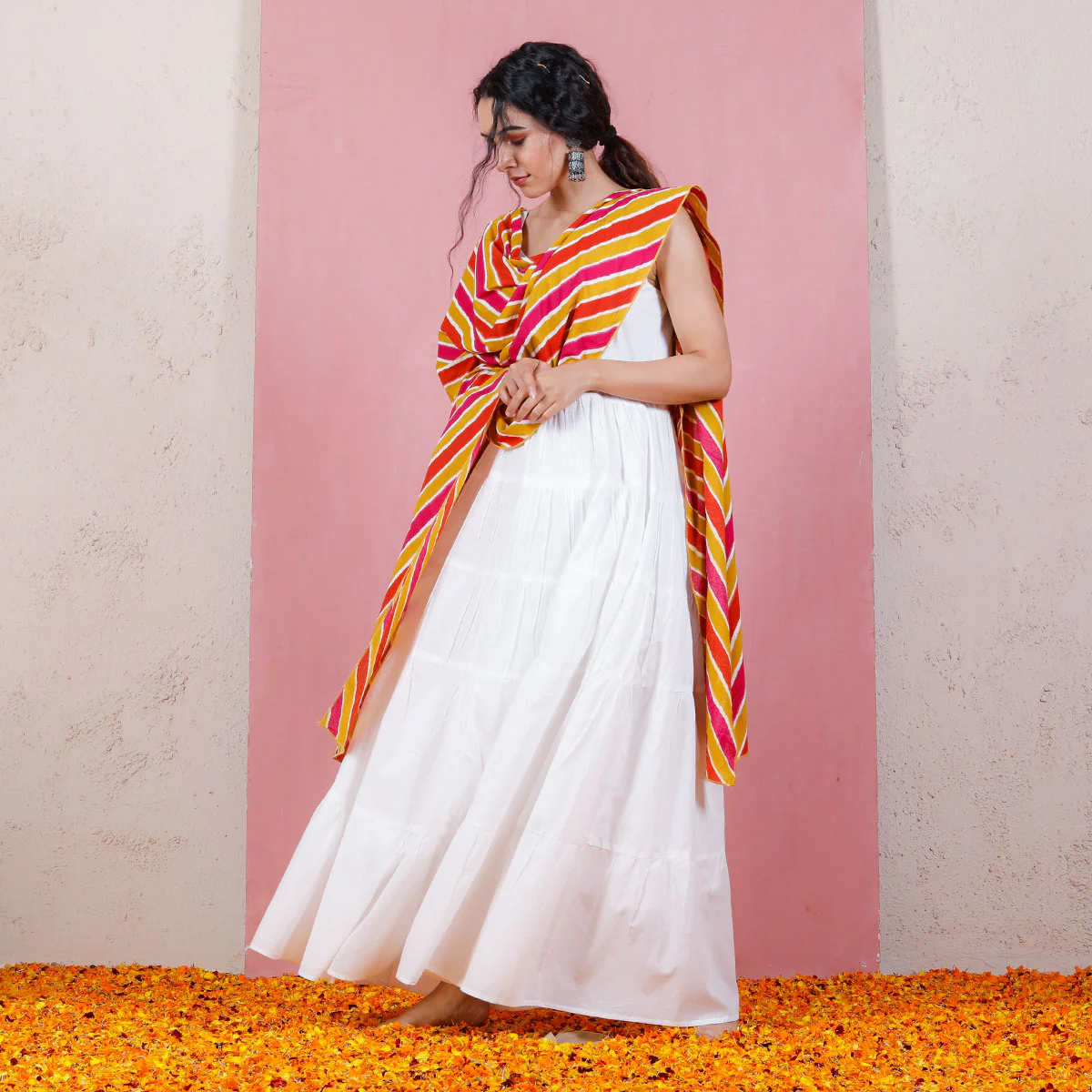 Peach & Pink Leheriya Inspired Dupatta with White Tiered Dress - Image 5