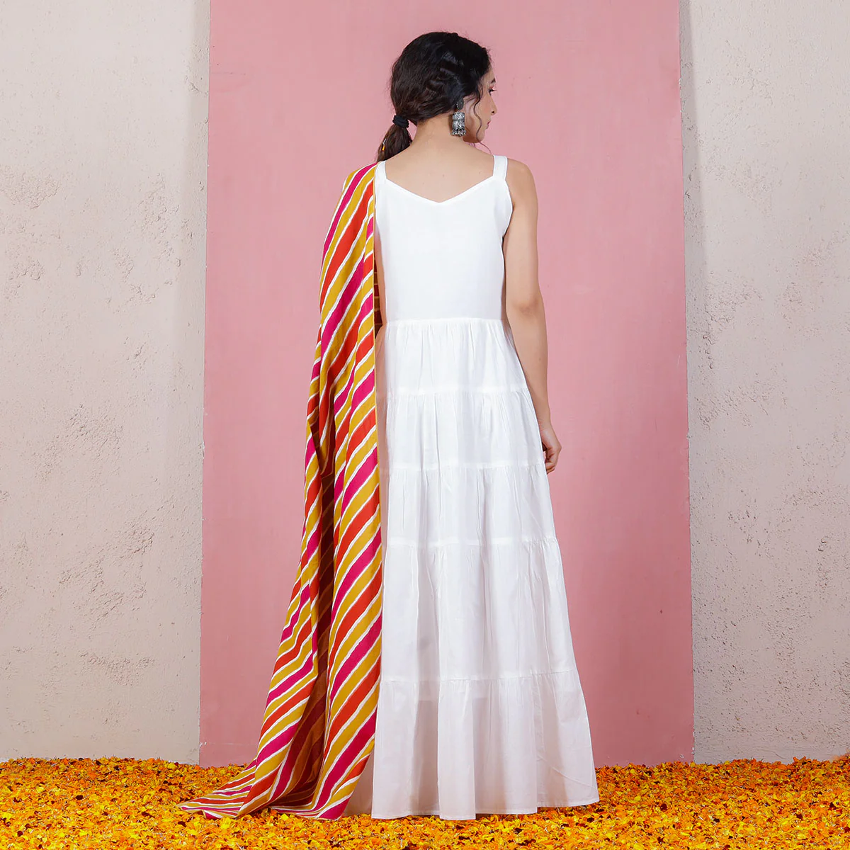 Peach & Pink Leheriya Inspired Dupatta with White Tiered Dress - Image 6