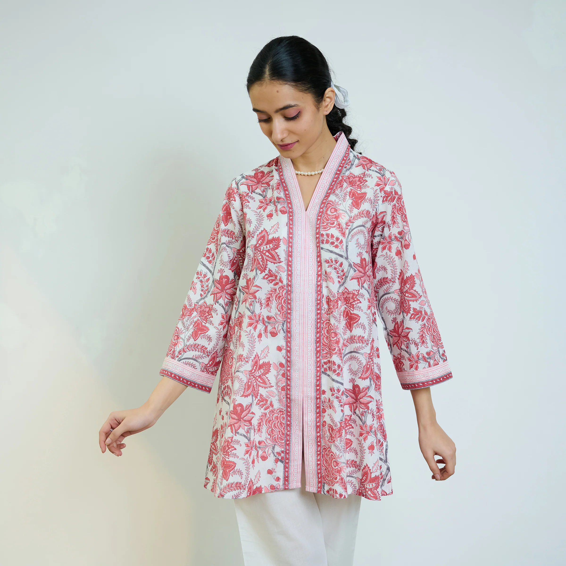 Peach Red Sanganeri Printed Cotton Co-ord Set - Image 3