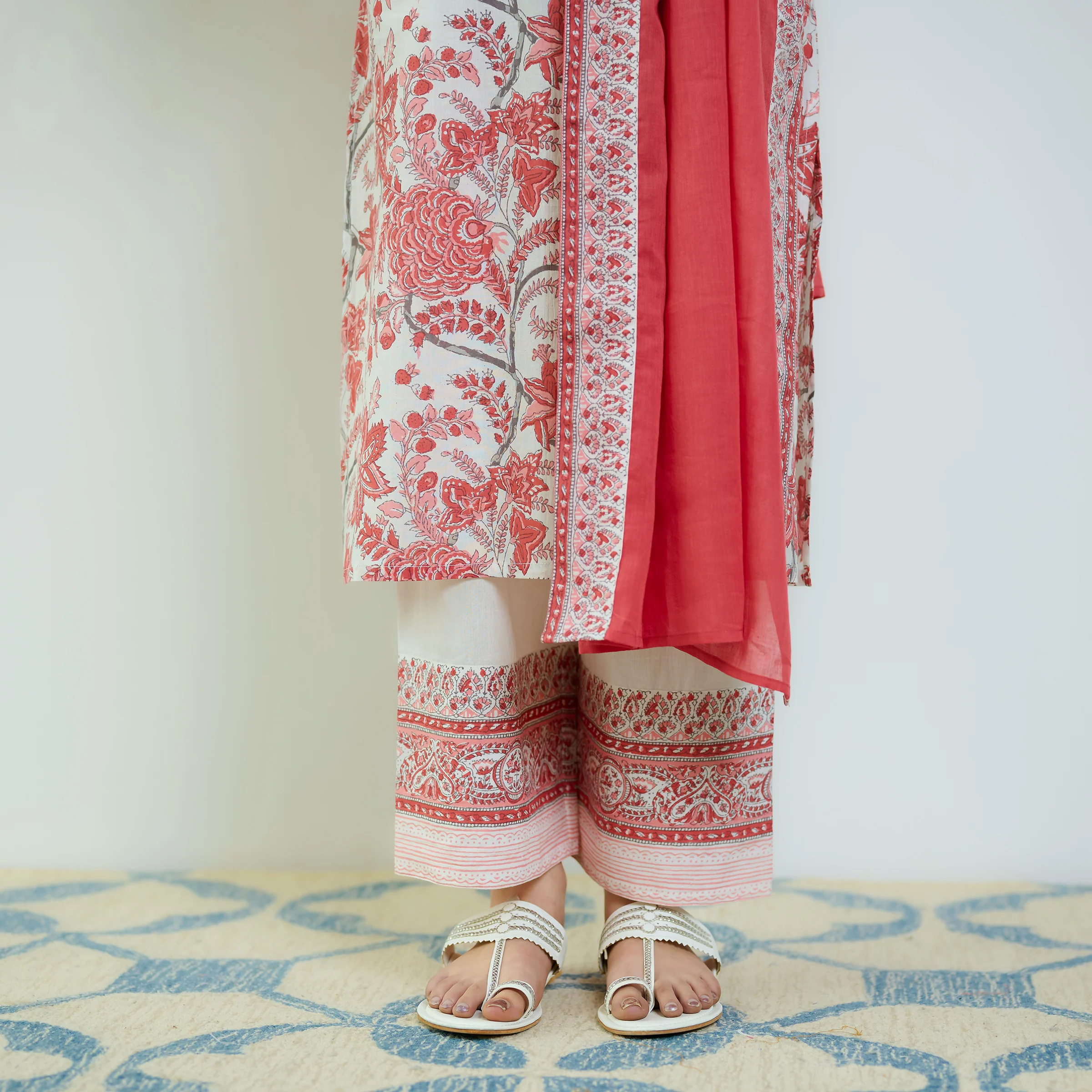 Peach Red Sanganeri Printed Cotton Kurta Set with Contrast Mul Cotton Dupatta - Image 3