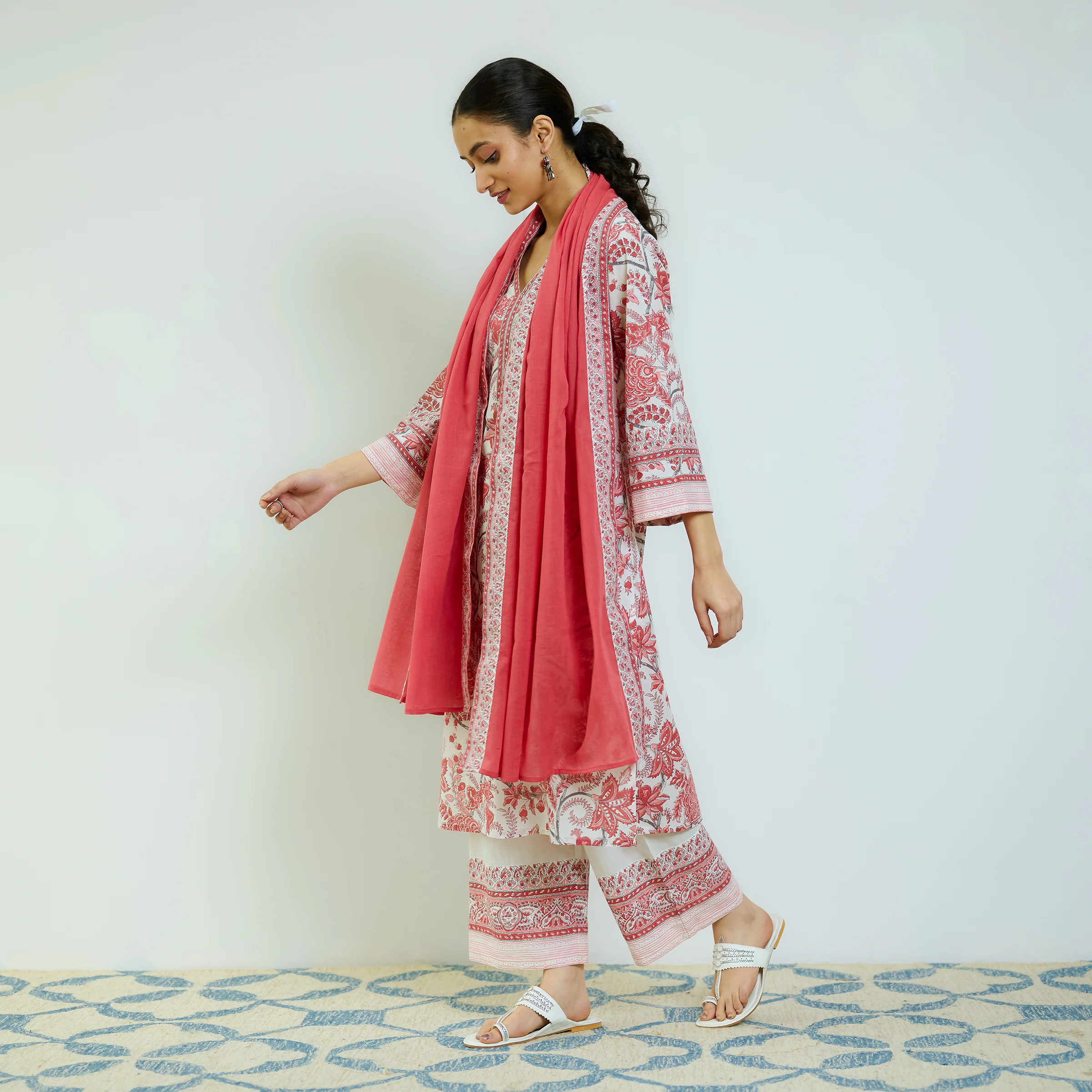 Peach Red Sanganeri Printed Cotton Kurta Set with Contrast Mul Cotton Dupatta - Image 5
