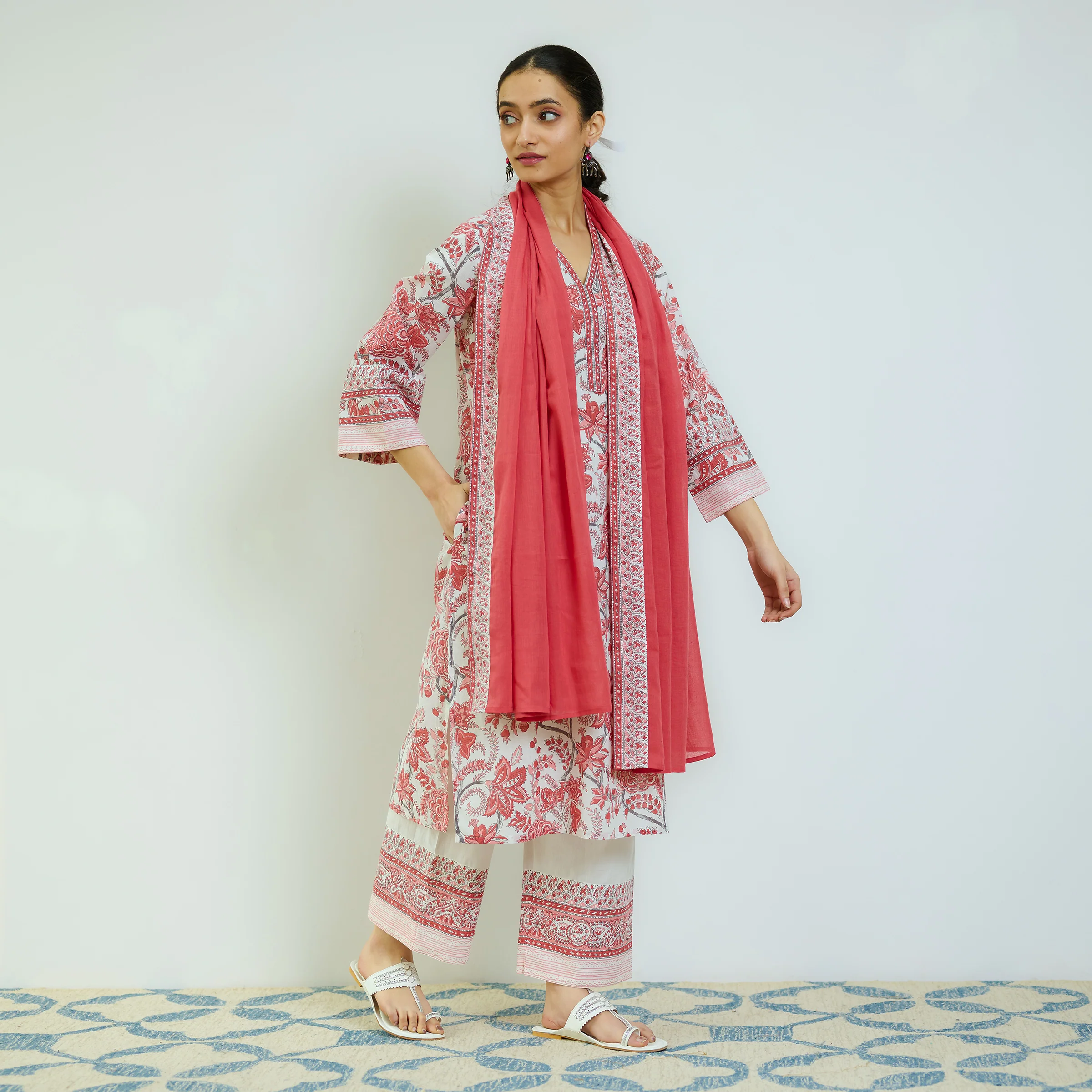 Peach Red Sanganeri Printed Cotton Kurta Set with Contrast Mul Cotton Dupatta - Image 6