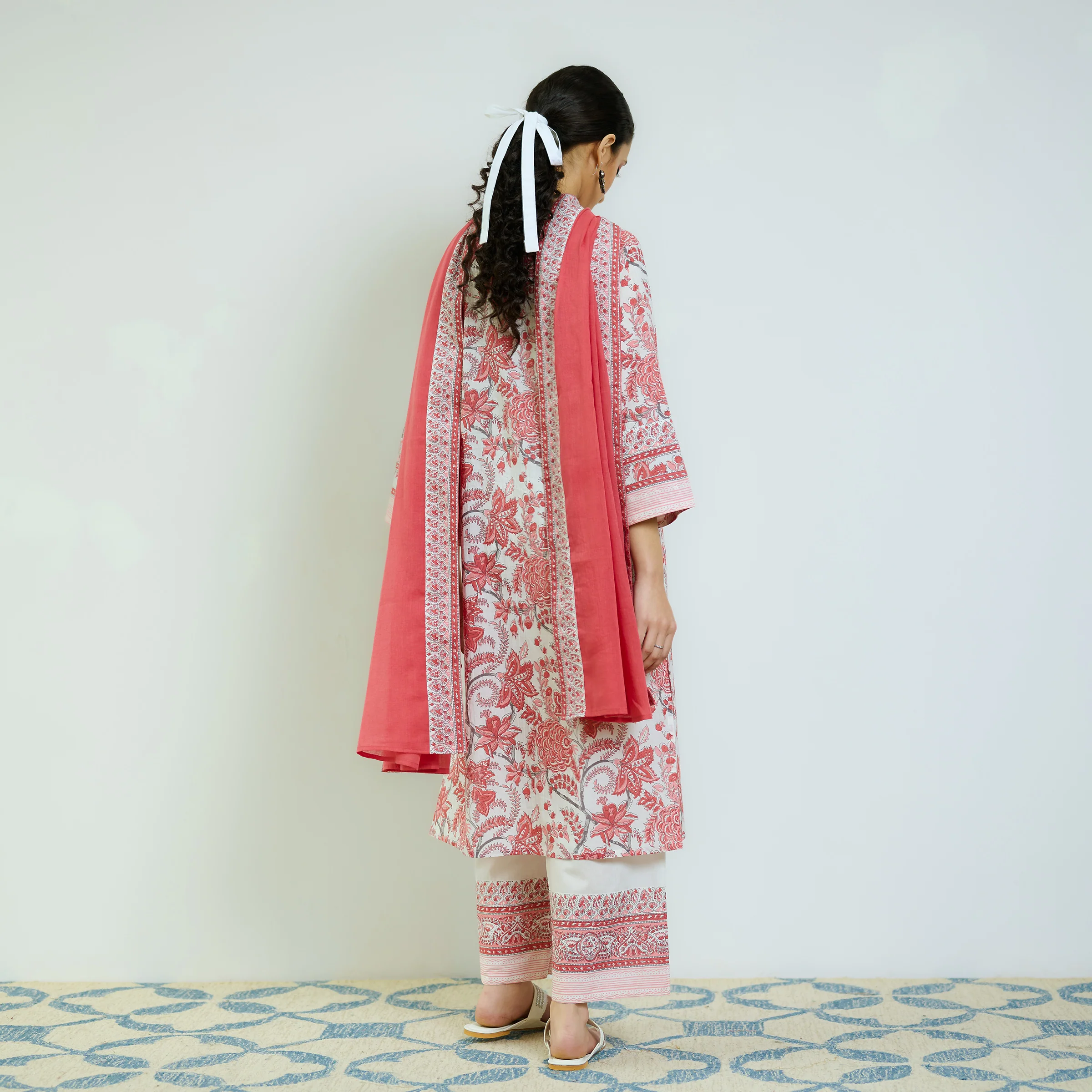 Peach Red Sanganeri Printed Cotton Kurta Set with Contrast Mul Cotton Dupatta - Image 7
