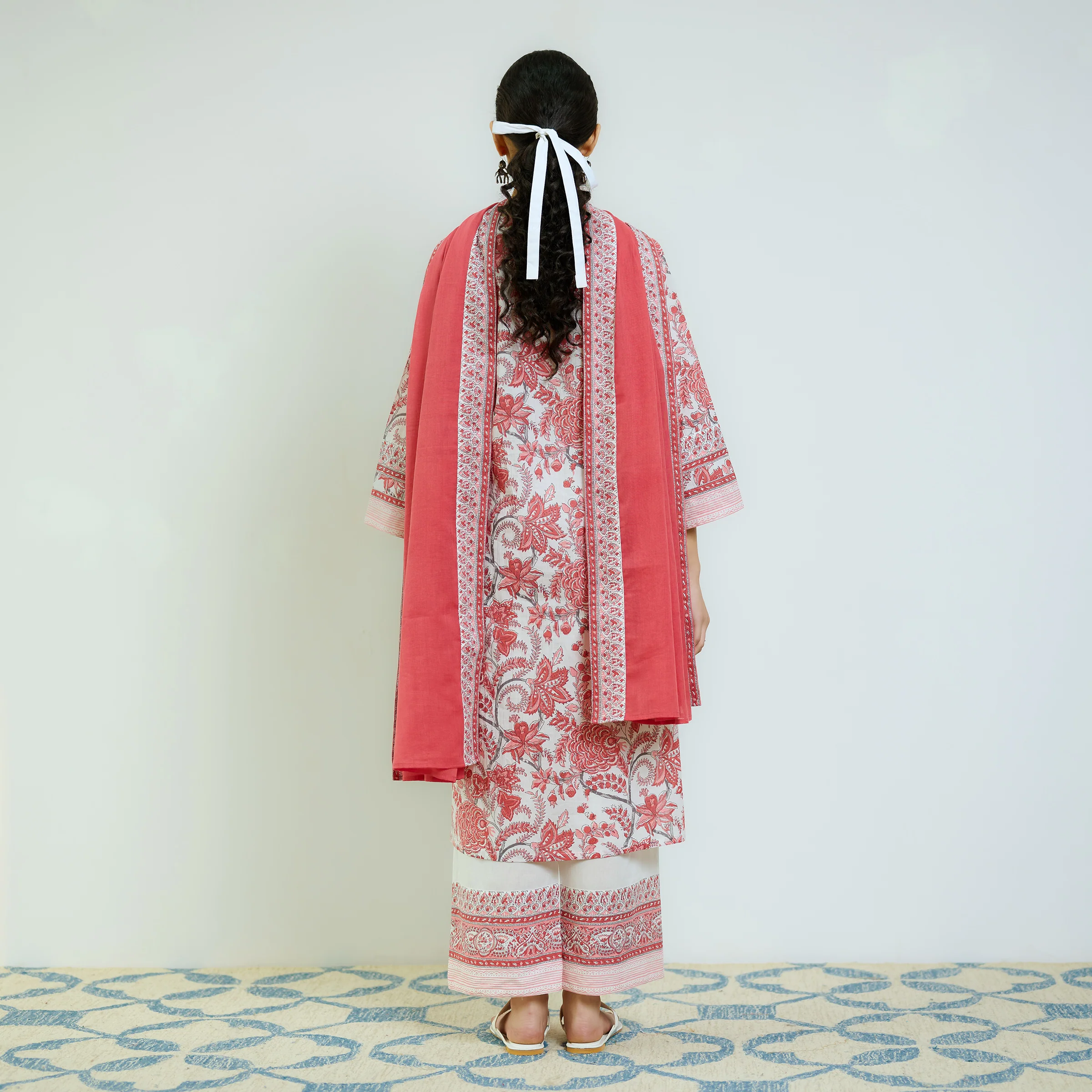 Peach Red Sanganeri Printed Cotton Kurta Set with Contrast Mul Cotton Dupatta - Image 8