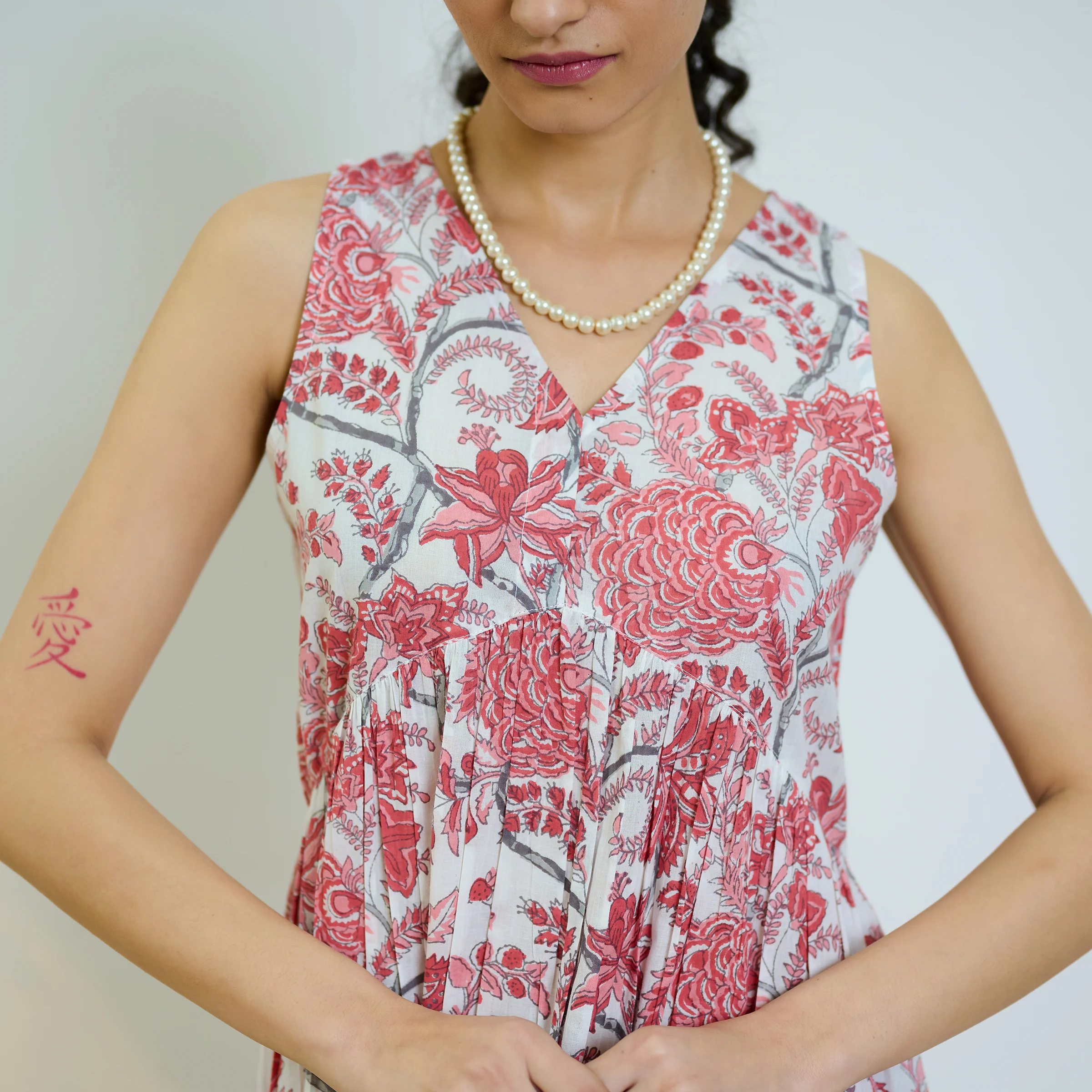 Peach Red Sanganeri Printed Cotton Tier Dress - Image 3