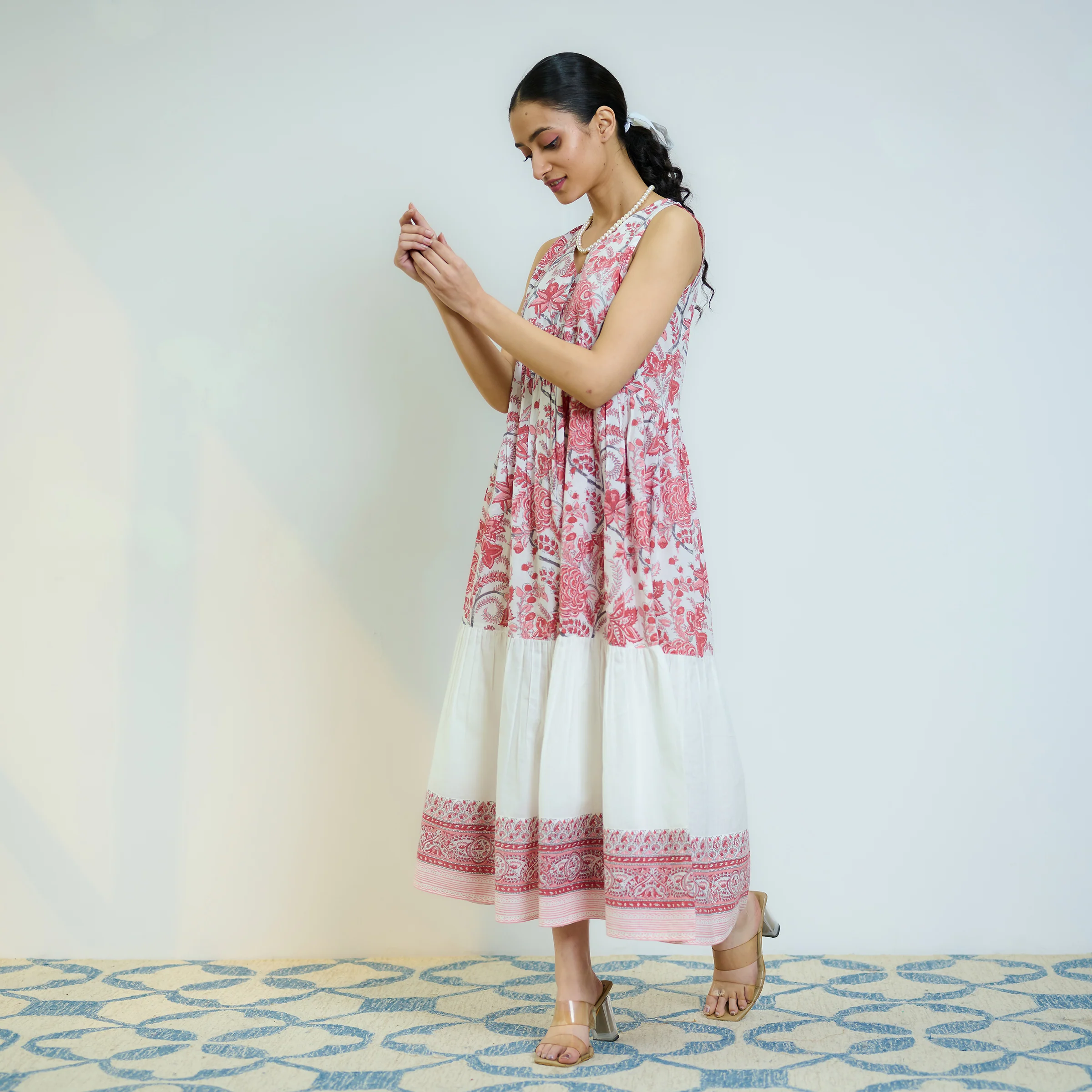 Peach Red Sanganeri Printed Cotton Tier Dress - Image 4