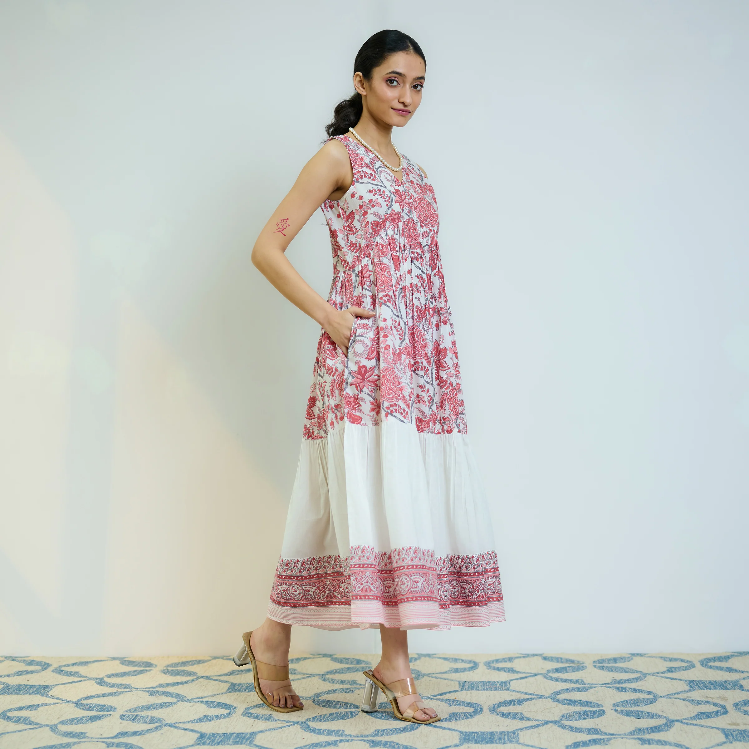 Peach Red Sanganeri Printed Cotton Tier Dress - Image 5