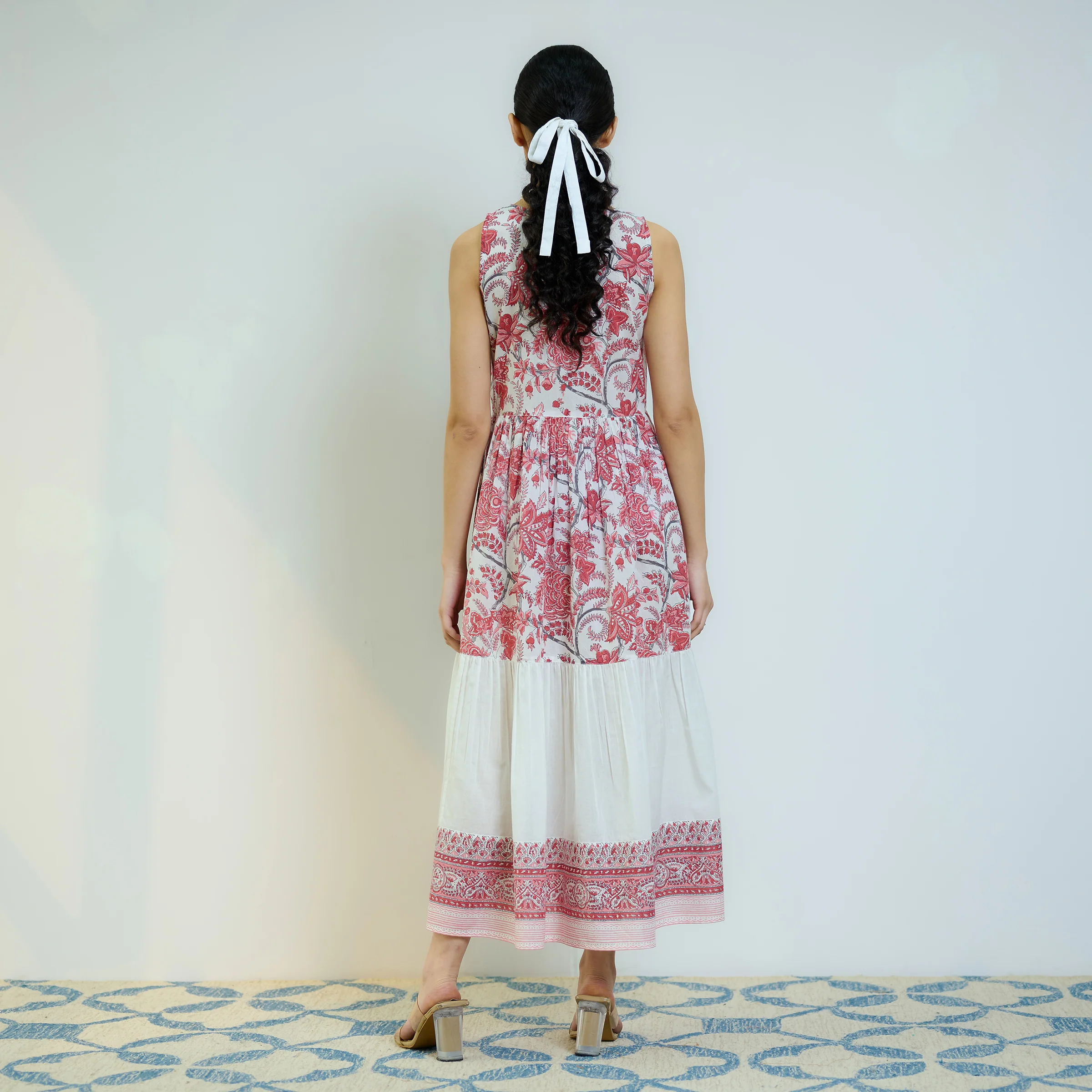 Peach Red Sanganeri Printed Cotton Tier Dress - Image 6
