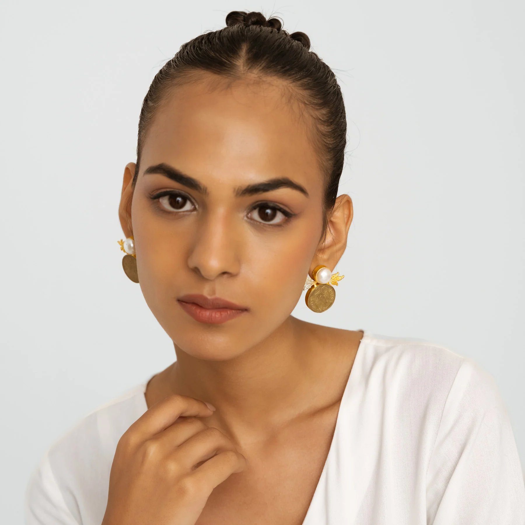 Pearl Leaf Earrings - Gold - Image 3