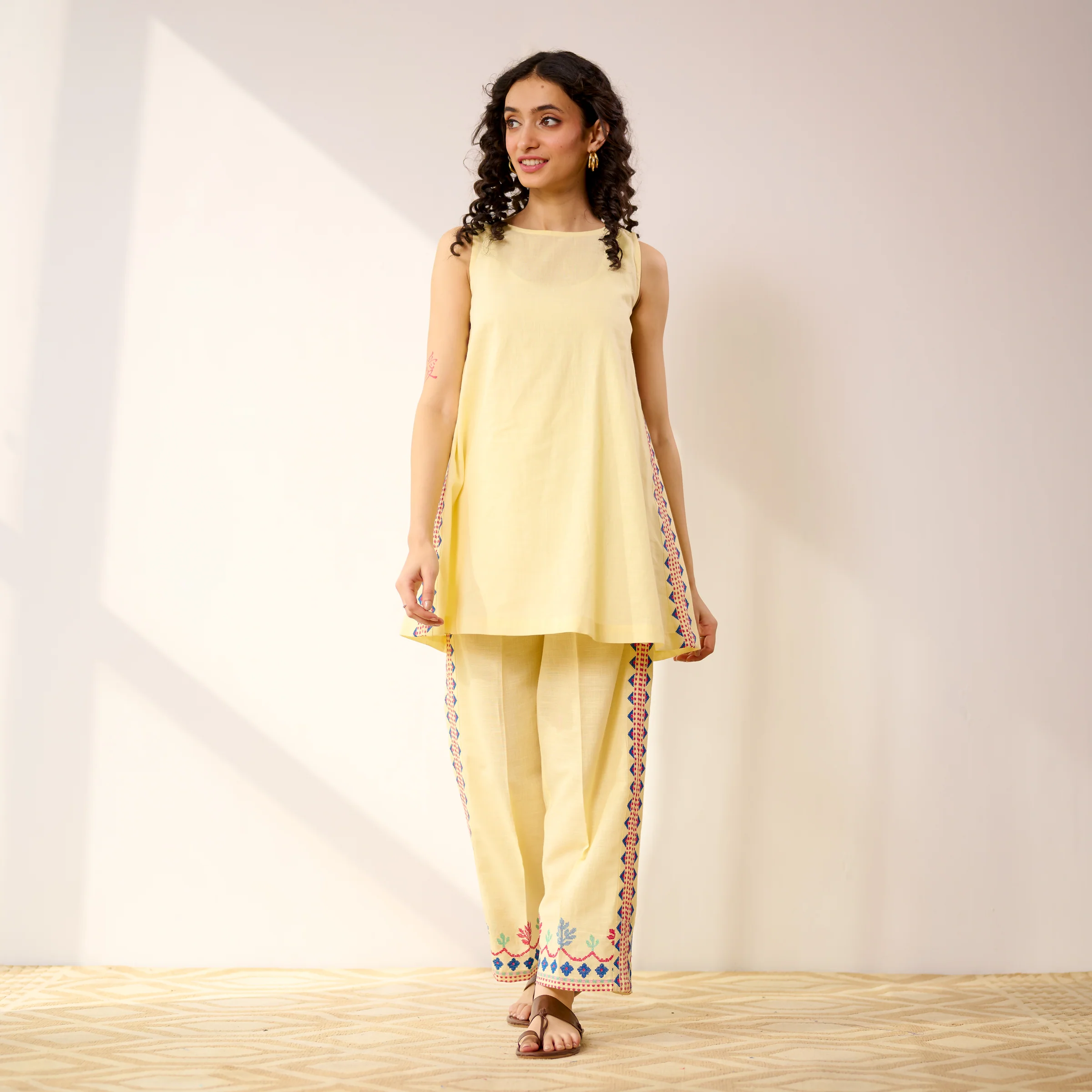 Pehar Statement Embroidered Cotton Co-ord Set - Mango Yellow - Image 4
