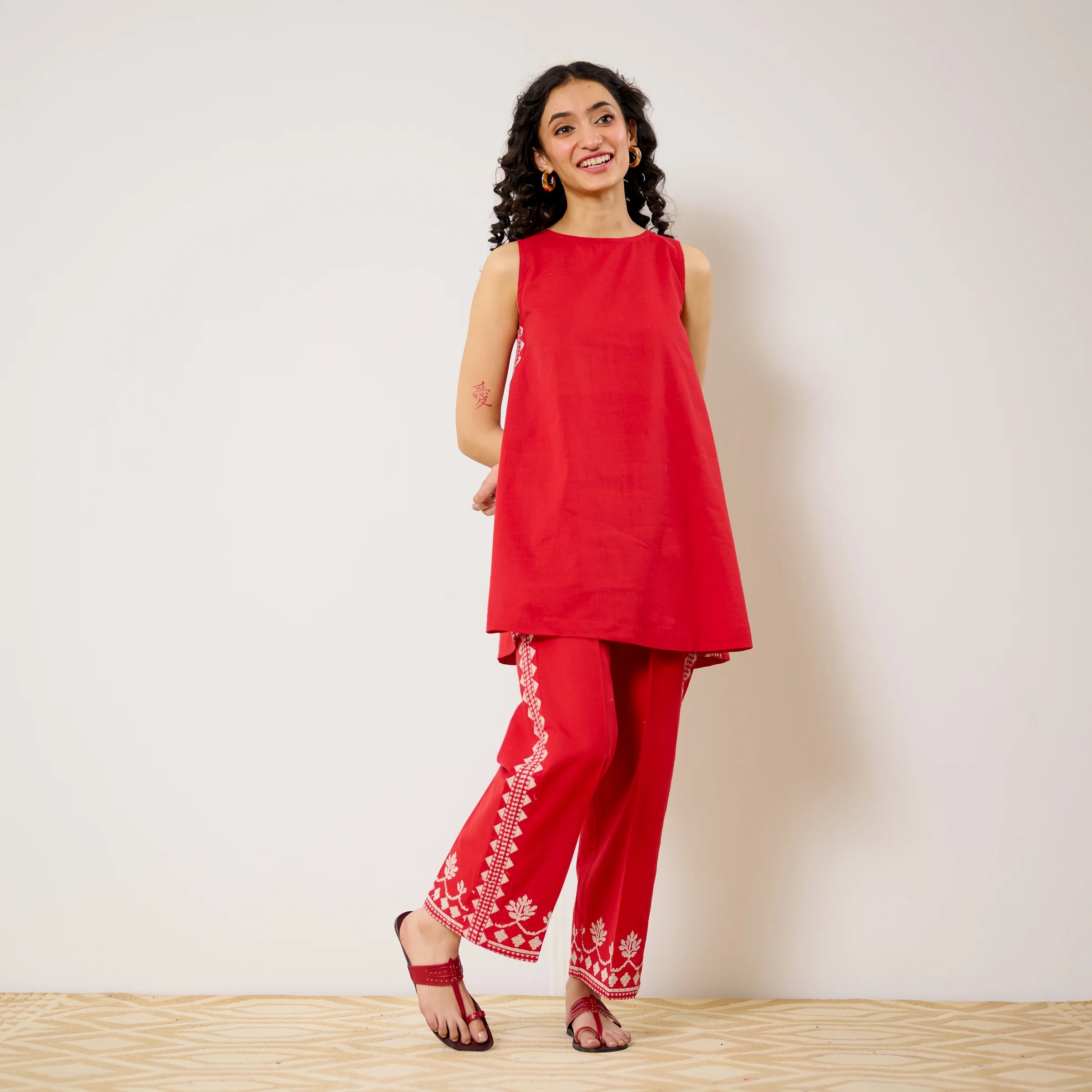 Pehar Statement Embroidered Cotton Co-ord Set - Red - Image 4