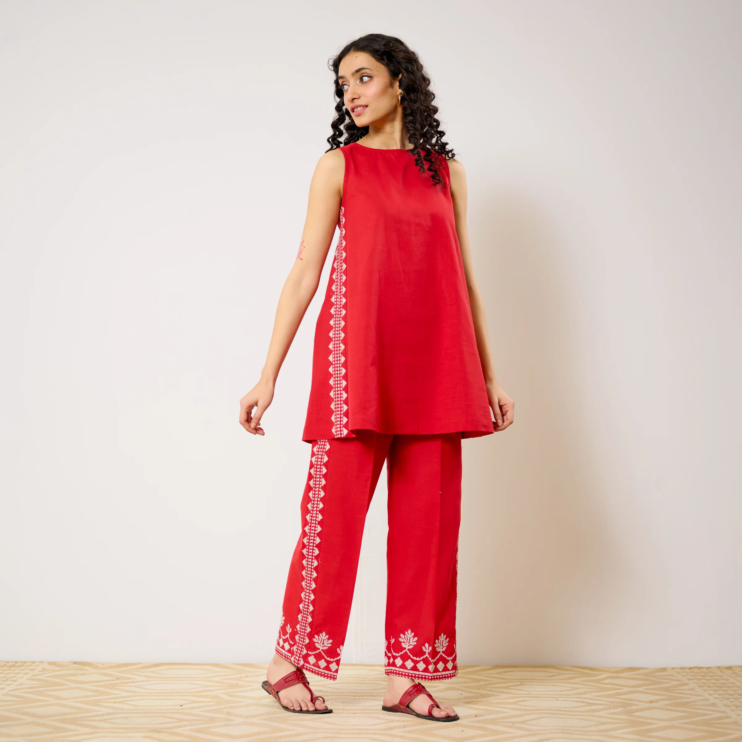 Pehar Statement Embroidered Cotton Co-ord Set - Red - Image 5