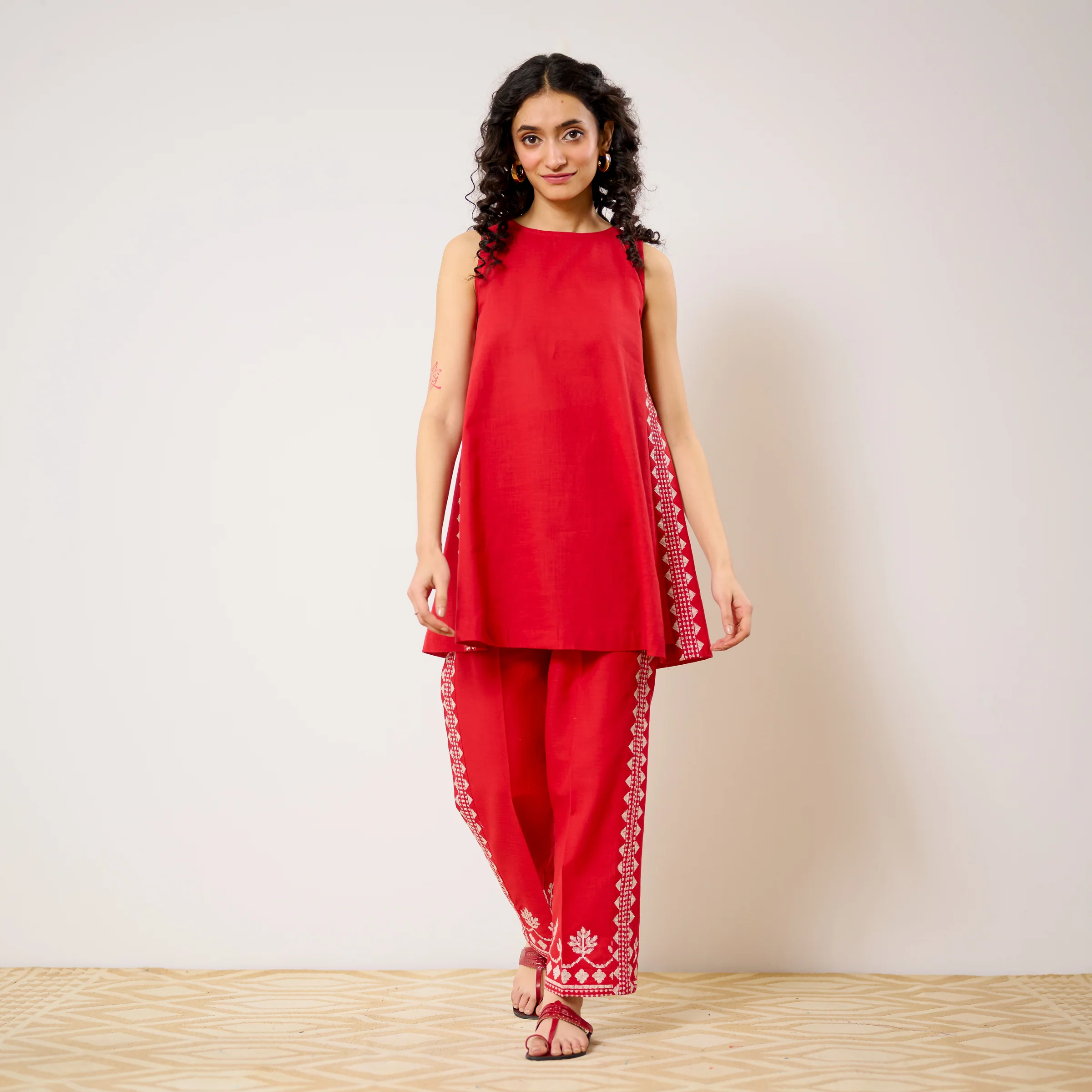 Pehar Statement Embroidered Cotton Co-ord Set - Red - Image 6