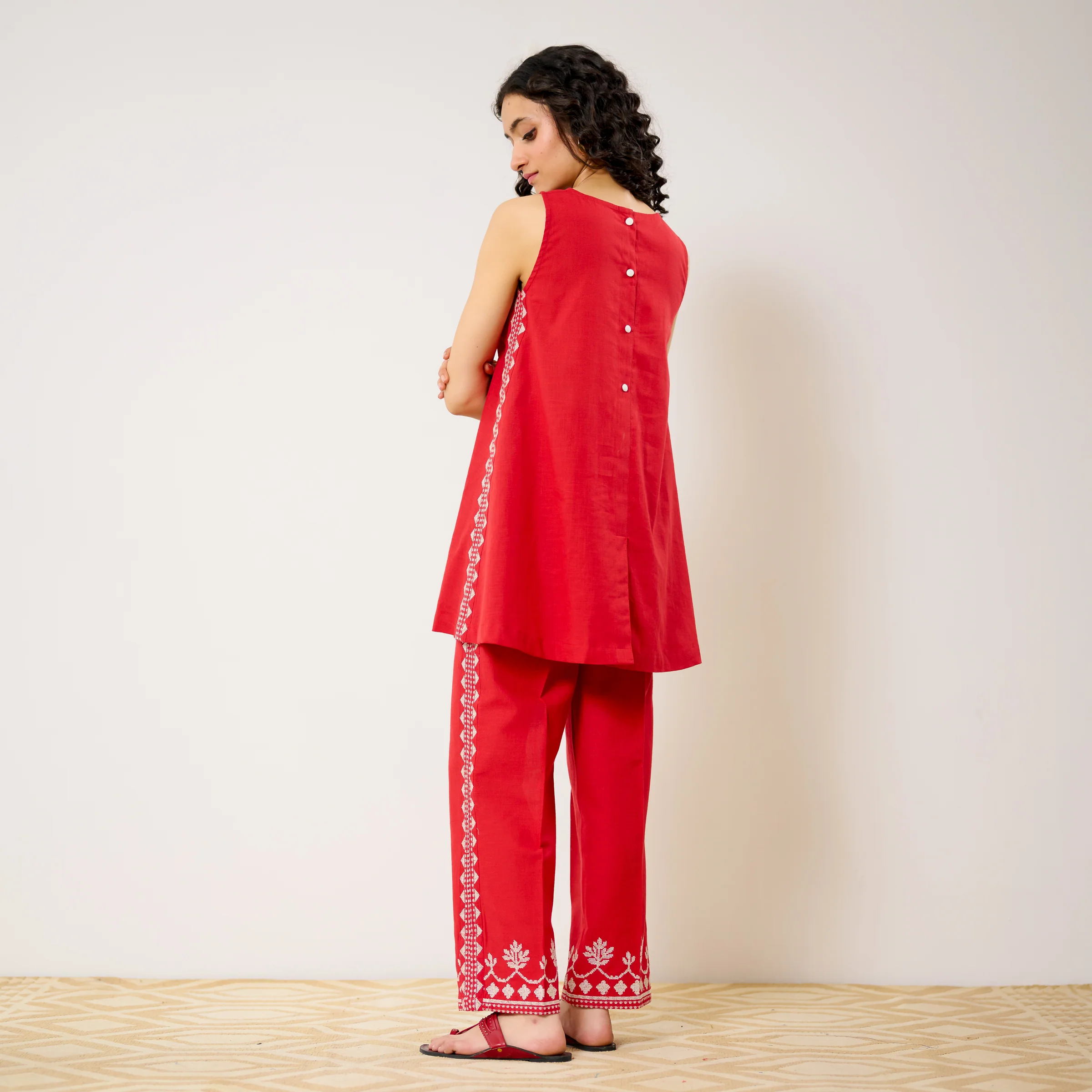Pehar Statement Embroidered Cotton Co-ord Set - Red - Image 7