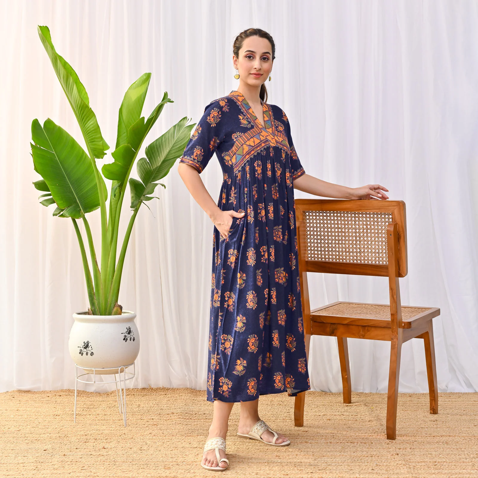 Peppy Blue V Neck Alia Cut Gathered Dress - Image 3