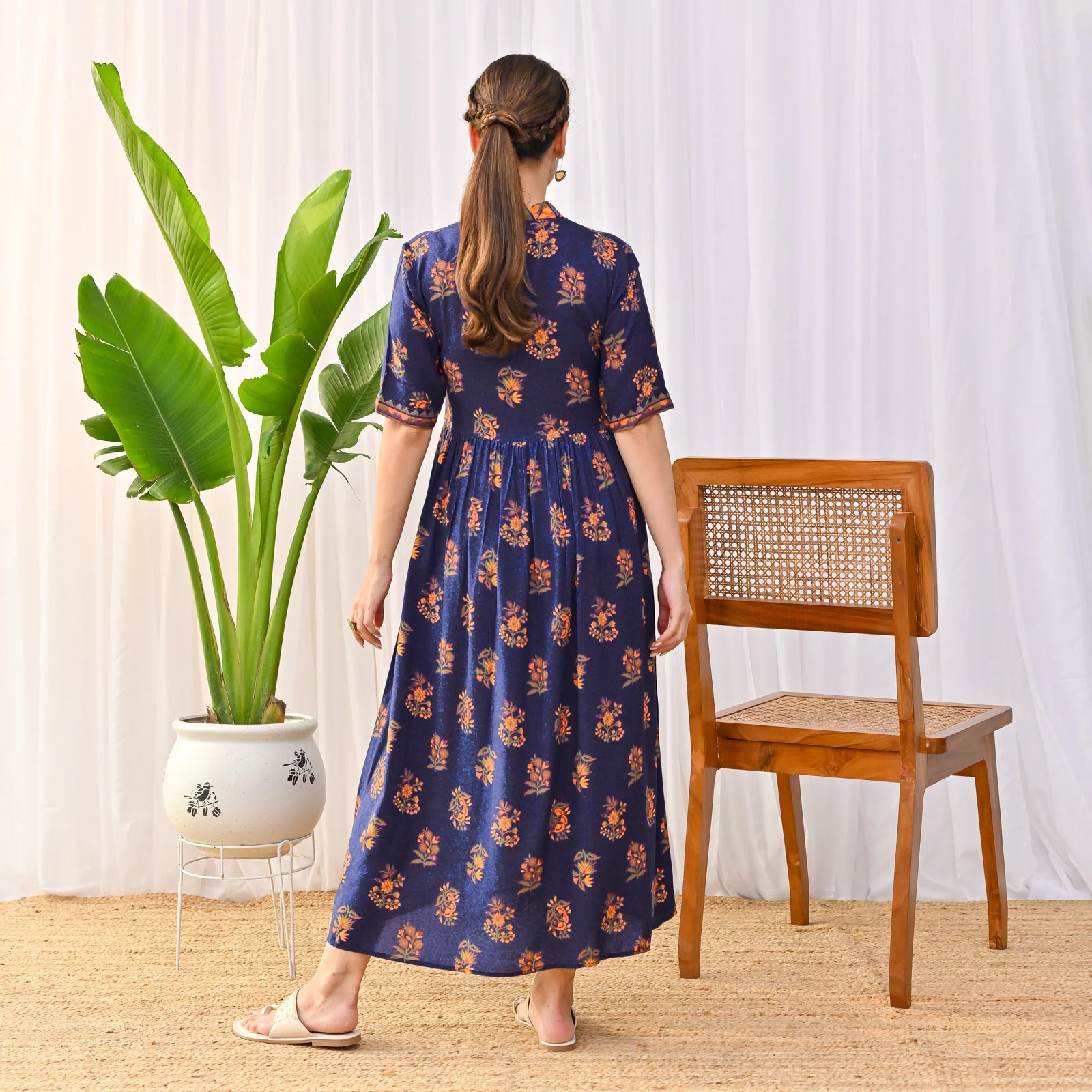 Peppy Blue V Neck Alia Cut Gathered Dress - Image 4