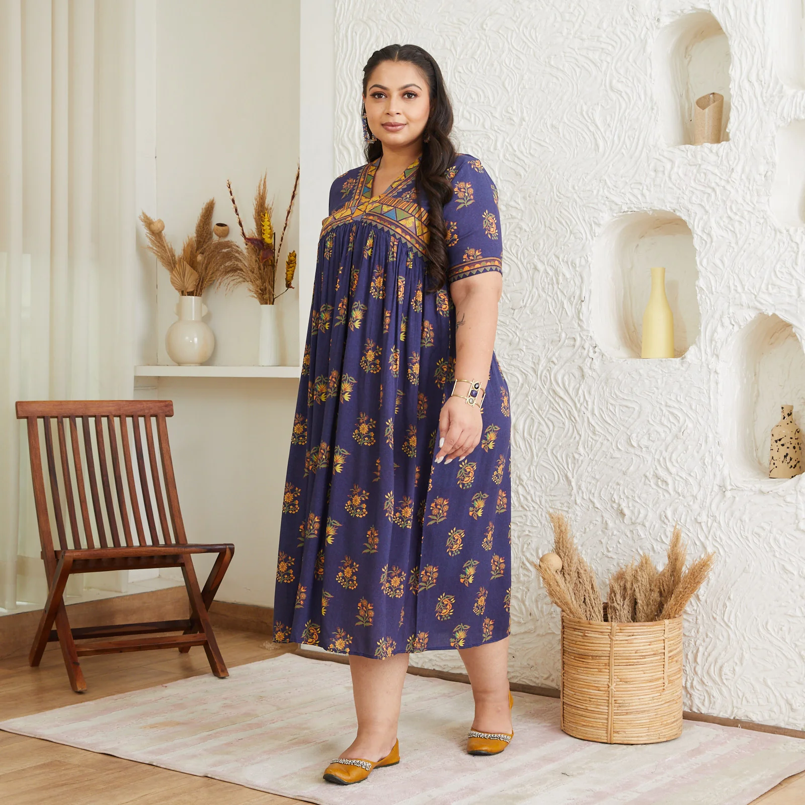Peppy Blue V Neck Gathered Dress - SOM - Image 4