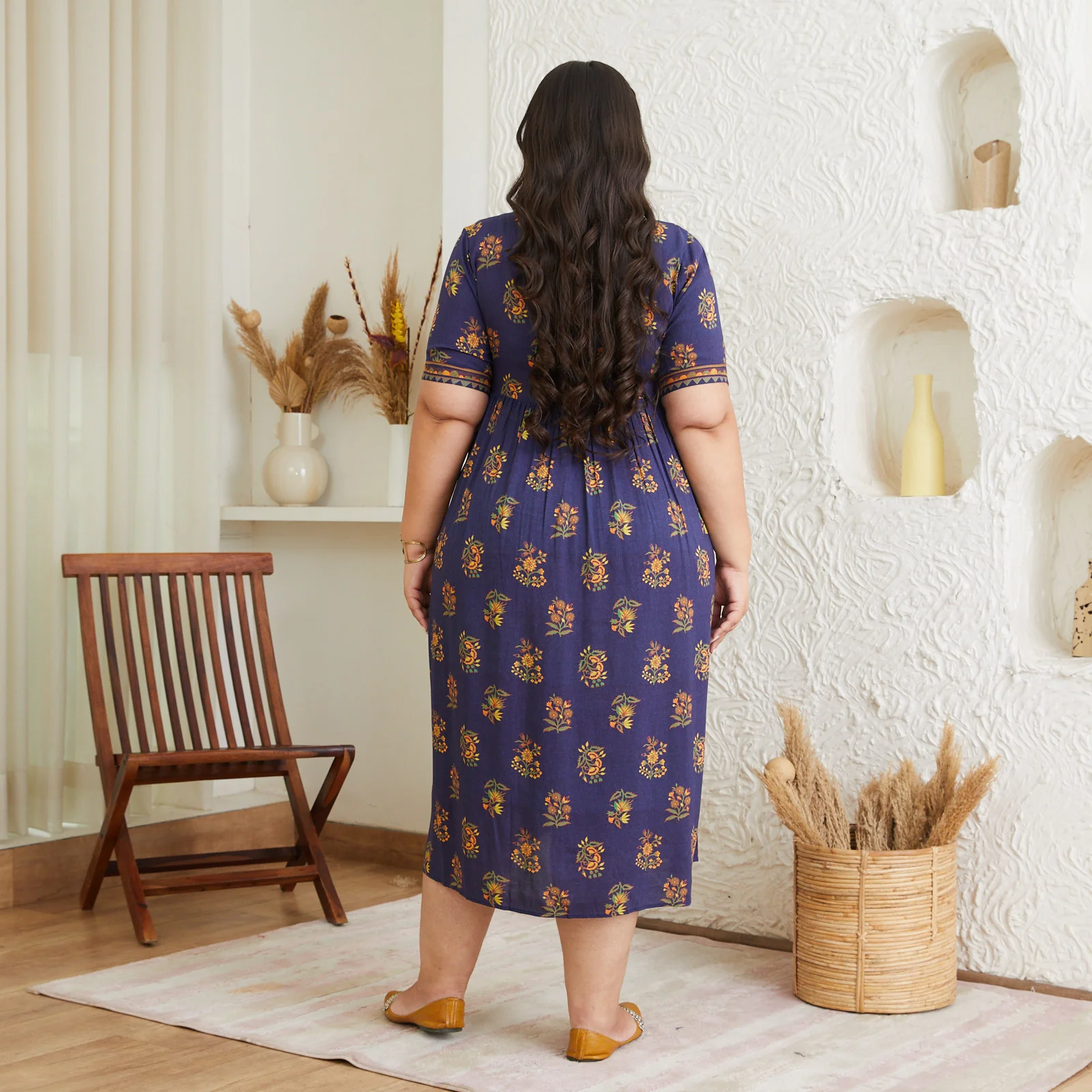 Peppy Blue V Neck Gathered Dress - SOM - Image 5